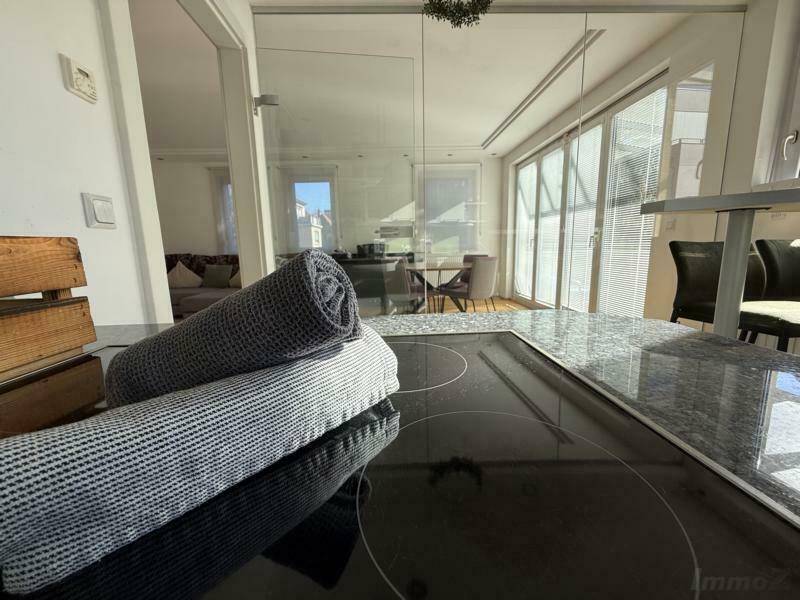 Moderne Küche mit Induktionskochfeld und Granitarbeitsplatte, offen zum Wohnbereich durch eine elegante Glaswand.