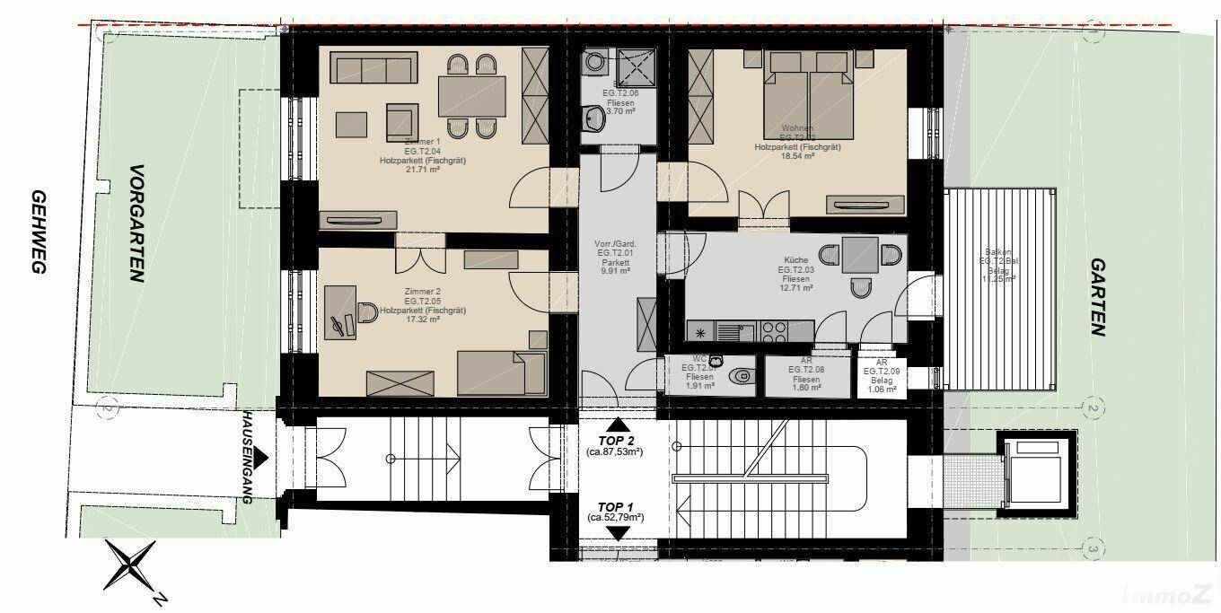 Grundrissplan zeigt zwei Wohneinheiten (TOP 1 und TOP 2) mit Zugang zu Garten und Vorgarten sowie Treppenhaus.