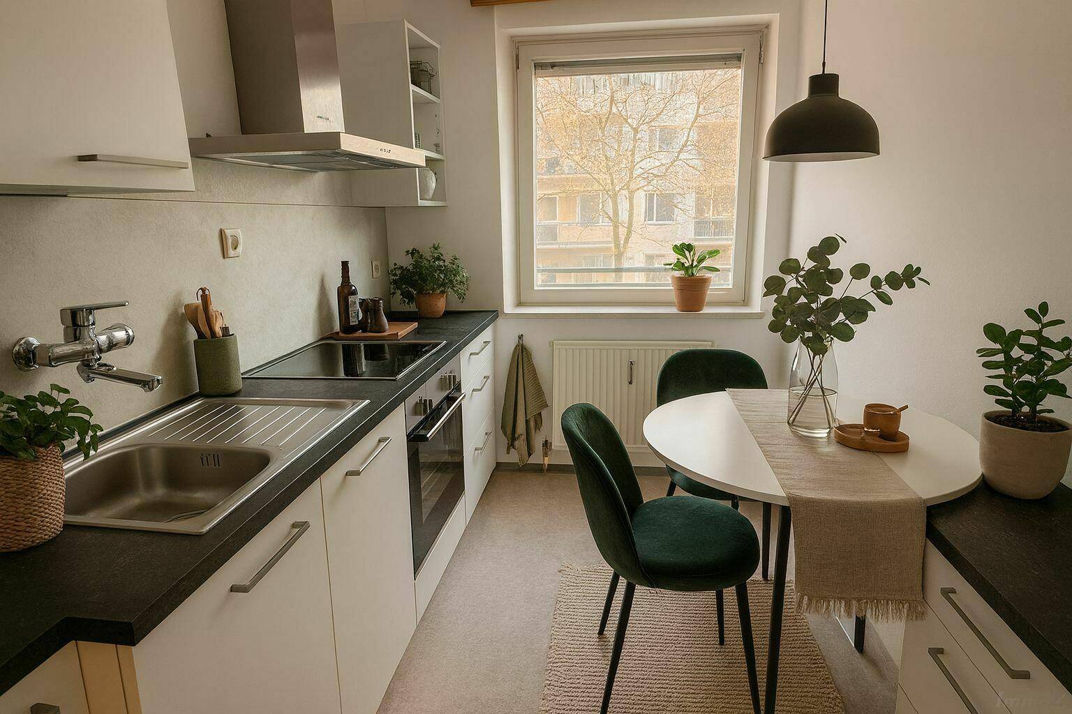 Helle Küche mit weißen Schränken, dunkler Arbeitsplatte und kleinem Essbereich am Fenster.