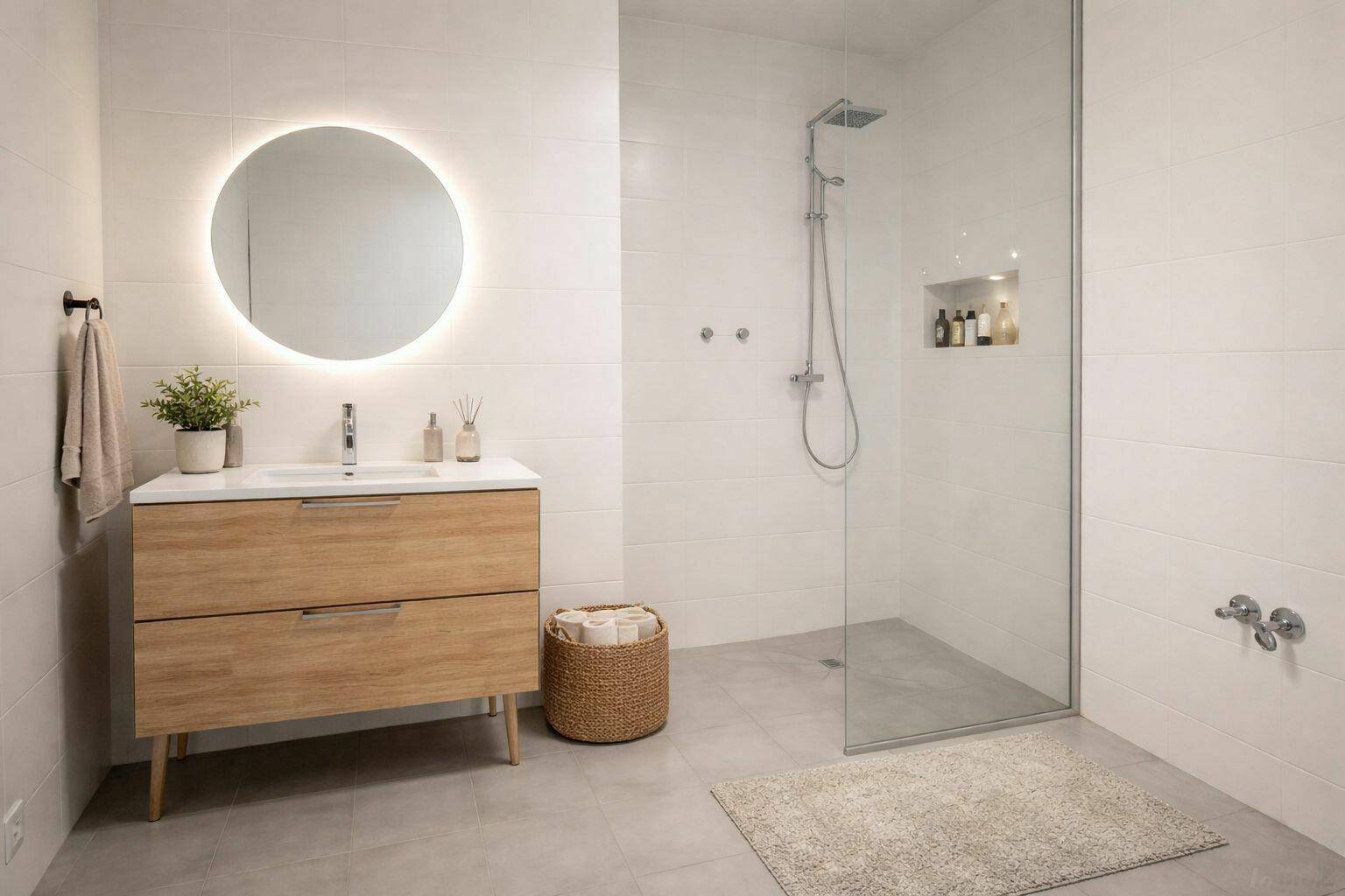 Modernes Badezimmer mit begehbarer Dusche, beleuchtetem Spiegel und elegantem Holzwaschtisch.