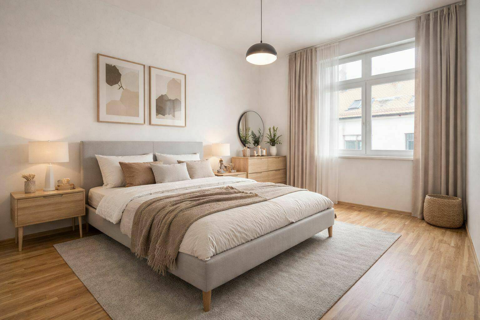 Gemütliches Schlafzimmer mit hellem Parkettboden, großem Fenster und moderner, warmer Einrichtung.