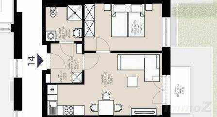 Grundriss einer Wohnung mit einem Schlafzimmer, offenem Wohnbereich und Bad.