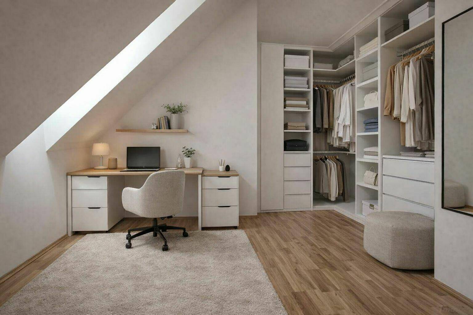 Helles Arbeitszimmer im Dachgeschoss mit integriertem begehbarem Kleiderschrank und Holzboden.