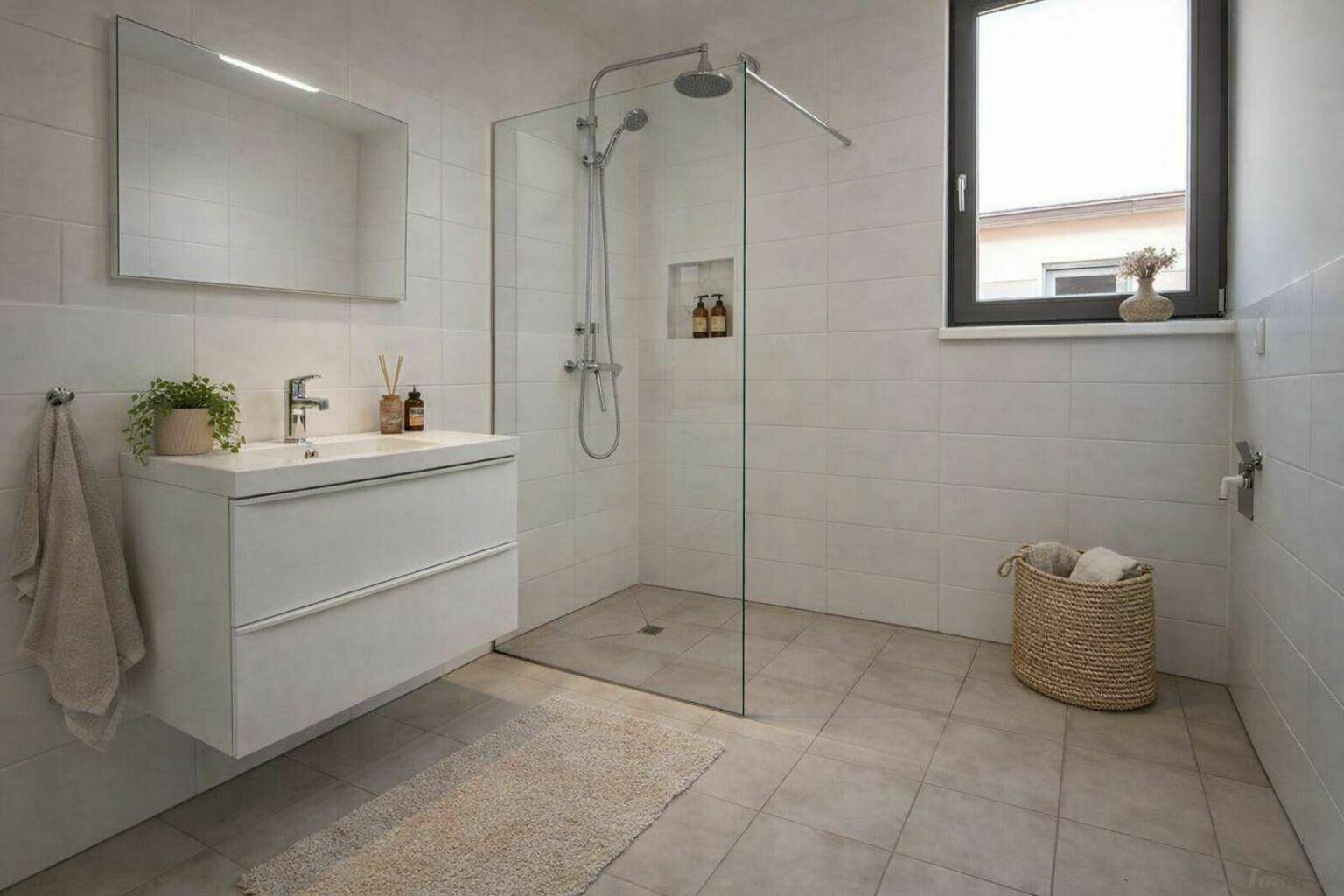 Modernes Badezimmer mit ebenerdiger Dusche, großformatigen Fliesen und Fenster.