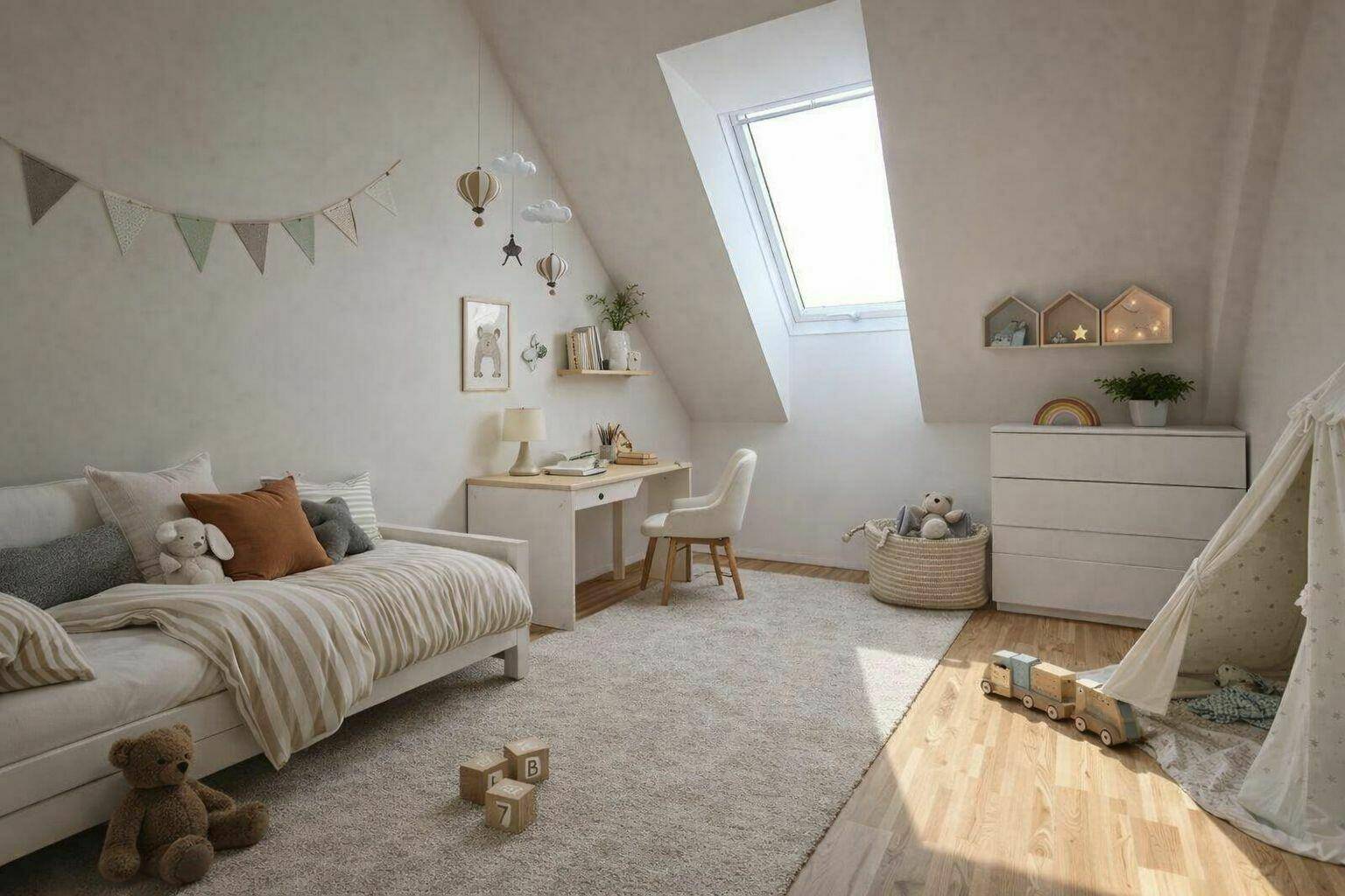 Freundliches Kinderzimmer im Dachgeschoss mit Dachfenster, Holzboden und spielerischer Dekoration.