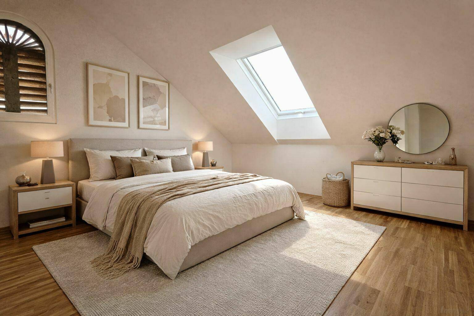 Gemütliches Schlafzimmer im Dachgeschoss mit Holzboden, Dachfenster und moderner Einrichtung.