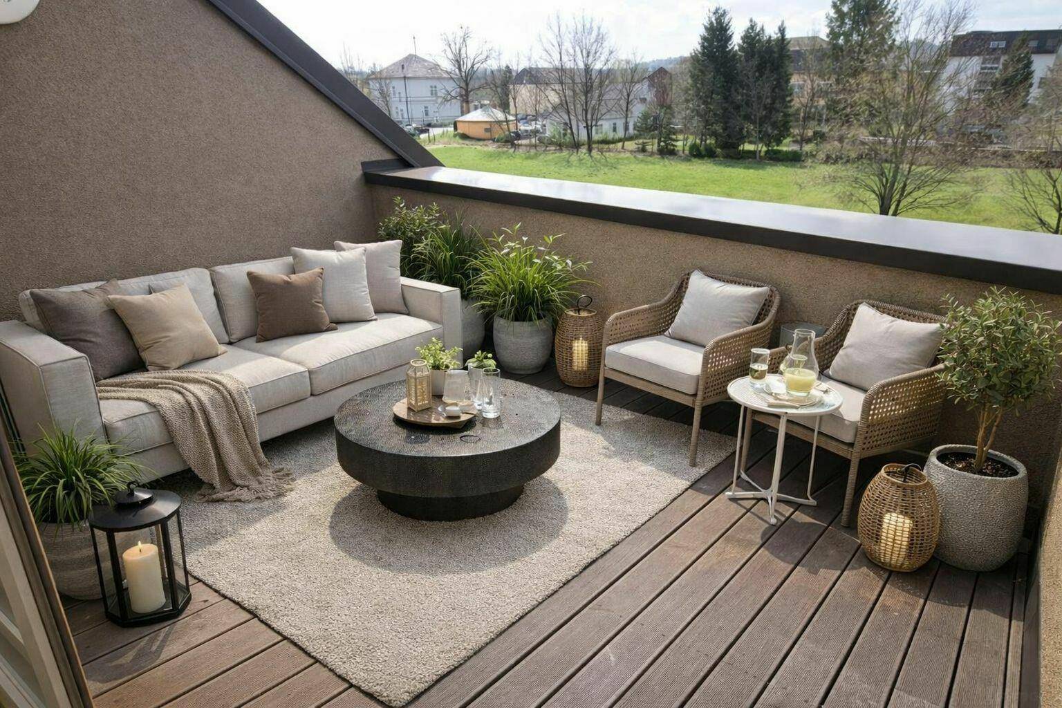 Geräumige Dachterrasse mit Holzboden, bequemen Sitzgelegenheiten und Blick ins Grüne.
