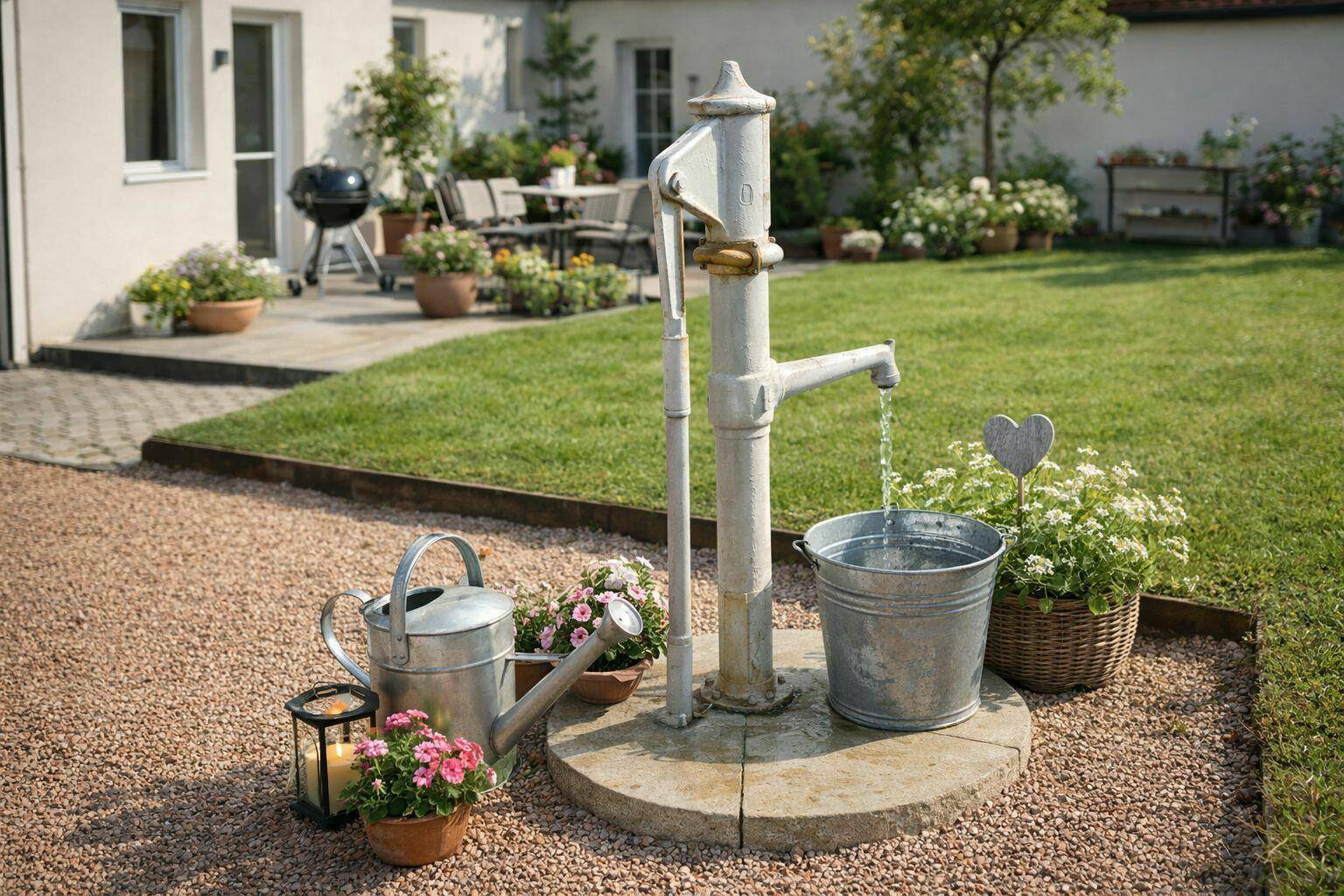 Idyllischer Gartenbereich mit historischer Wasserpumpe, Kiesfläche und Grillplatz im Hintergrund.