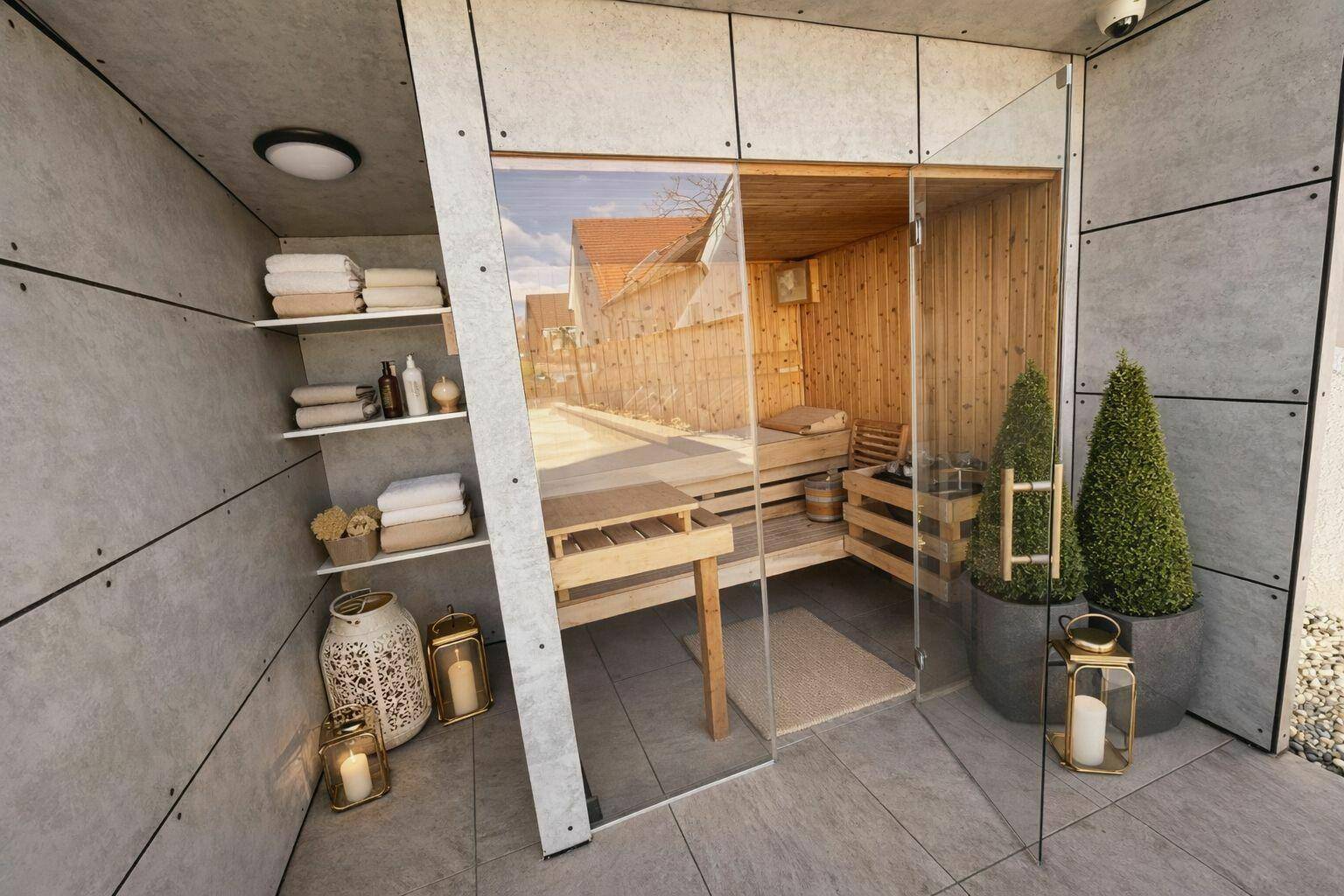 Moderne Außensauna mit Glasfront und angrenzendem Entspannungsbereich in minimalistischem Design.