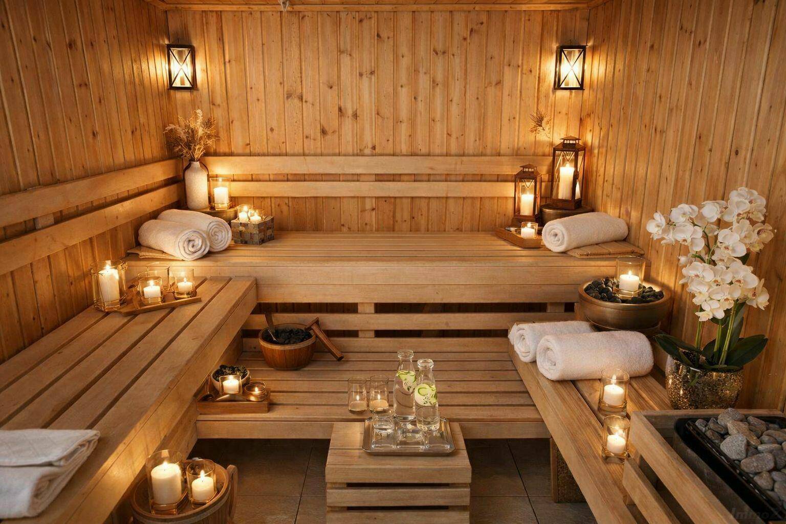 Gemütliche Holzsauna mit mehreren Bänken, stimmungsvoller Beleuchtung und Entspannungsbereich.
