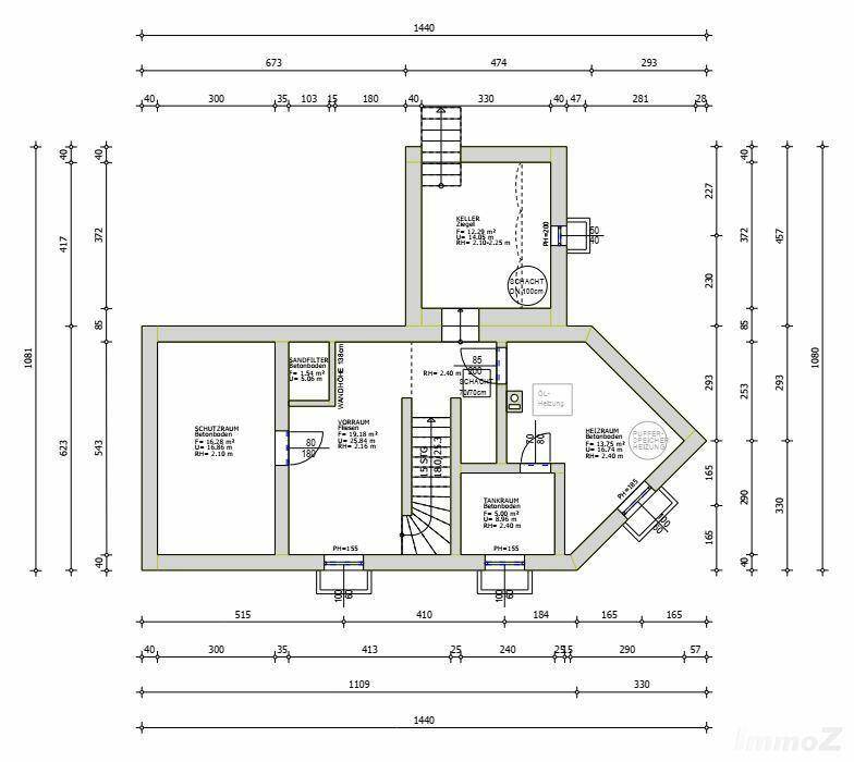 Grundriss des Kellergeschosses mit Technikraum, Schutzraum und Abstellflächen.