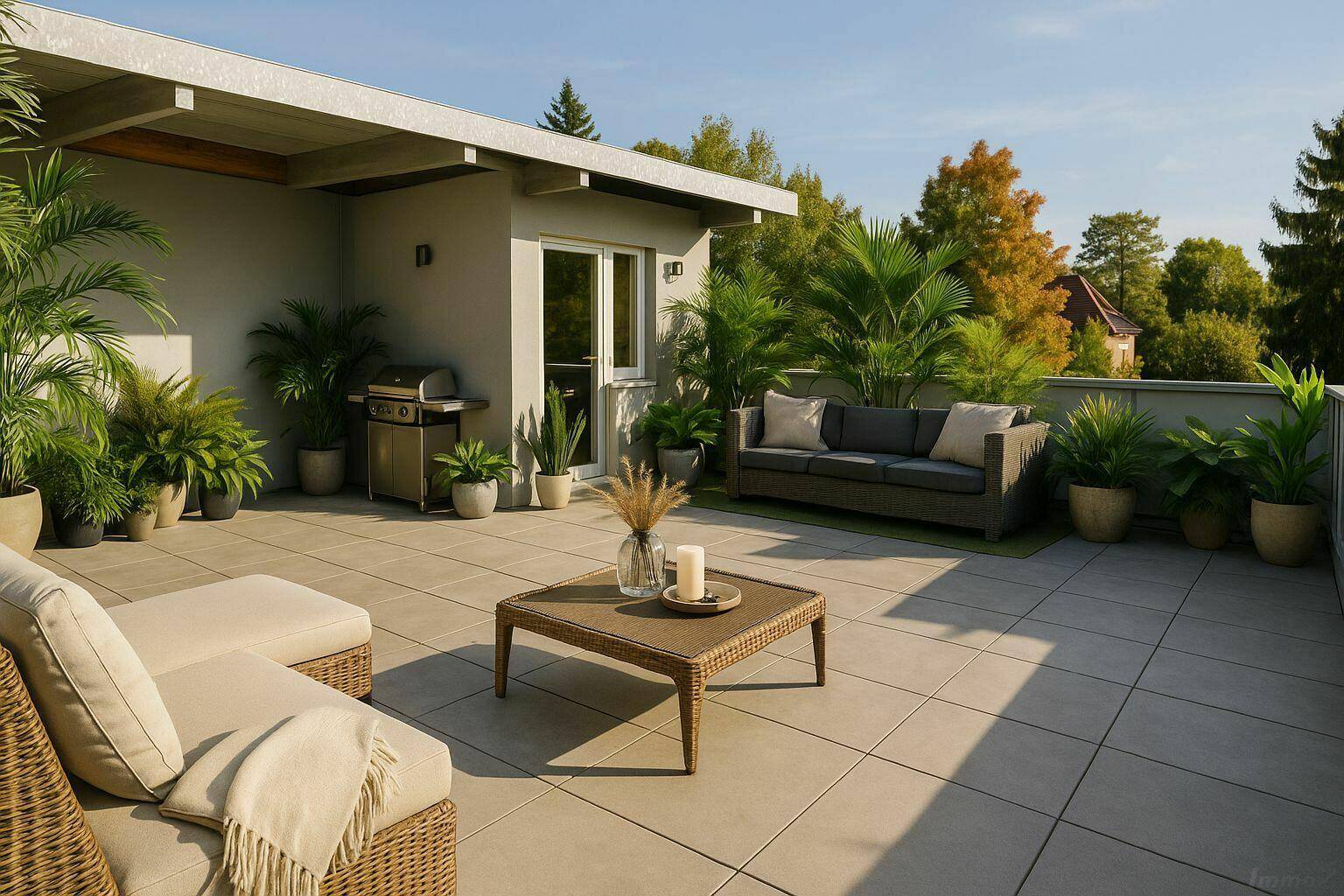 Geräumige Dachterrasse mit bequemen Loungemöbeln, Grillbereich und üppiger Bepflanzung für entspannte Stunden im Freien.