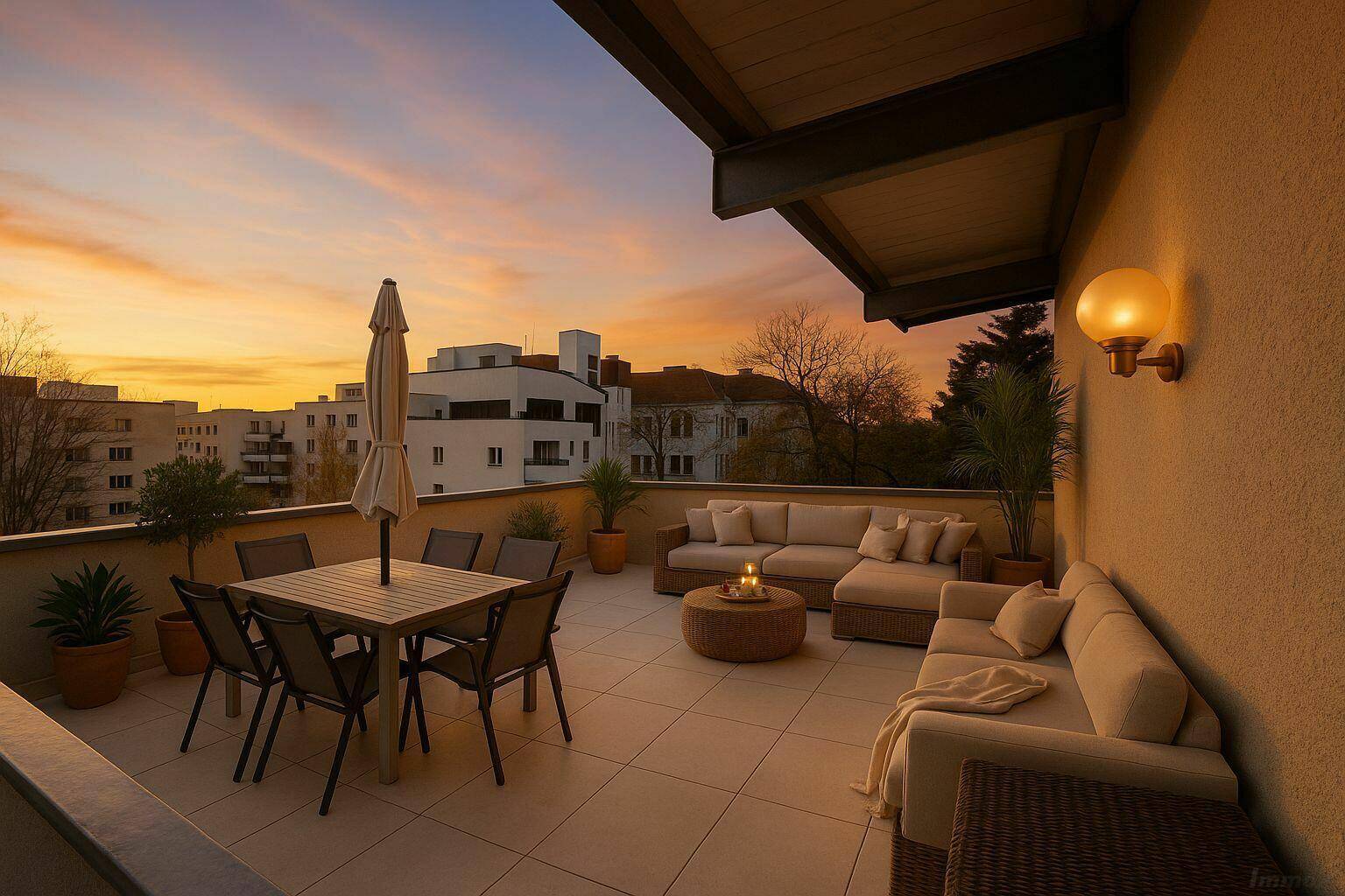 Großzügige Dachterrasse mit Essbereich und Lounge-Möbeln, ideal für Abendessen im Freien mit Blick auf die Stadt bei Sonnenuntergang.