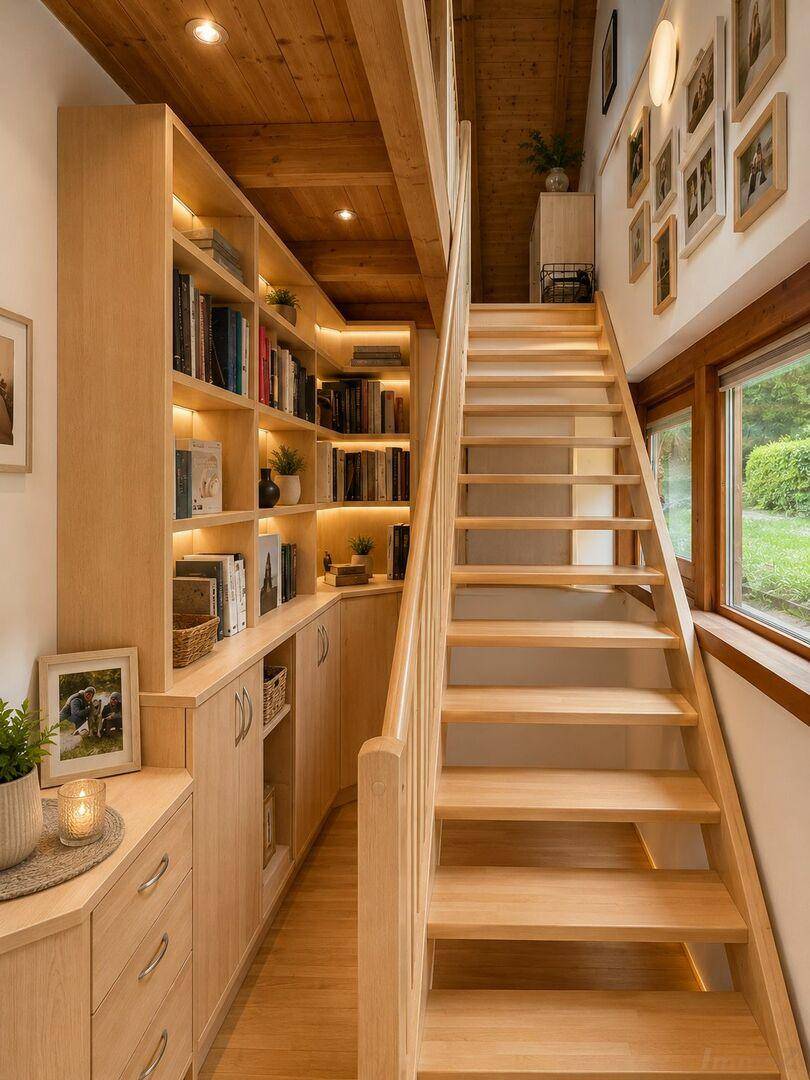 Heller Flur mit Holztreppe und integrierten Bücherregalen, die eine gemütliche Atmosphäre schaffen.