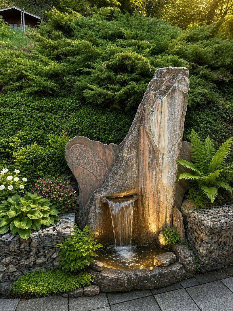 Dekorativer Steinfelsen mit Wasserfall und Beleuchtung, umgeben von üppigem Grün im Garten.