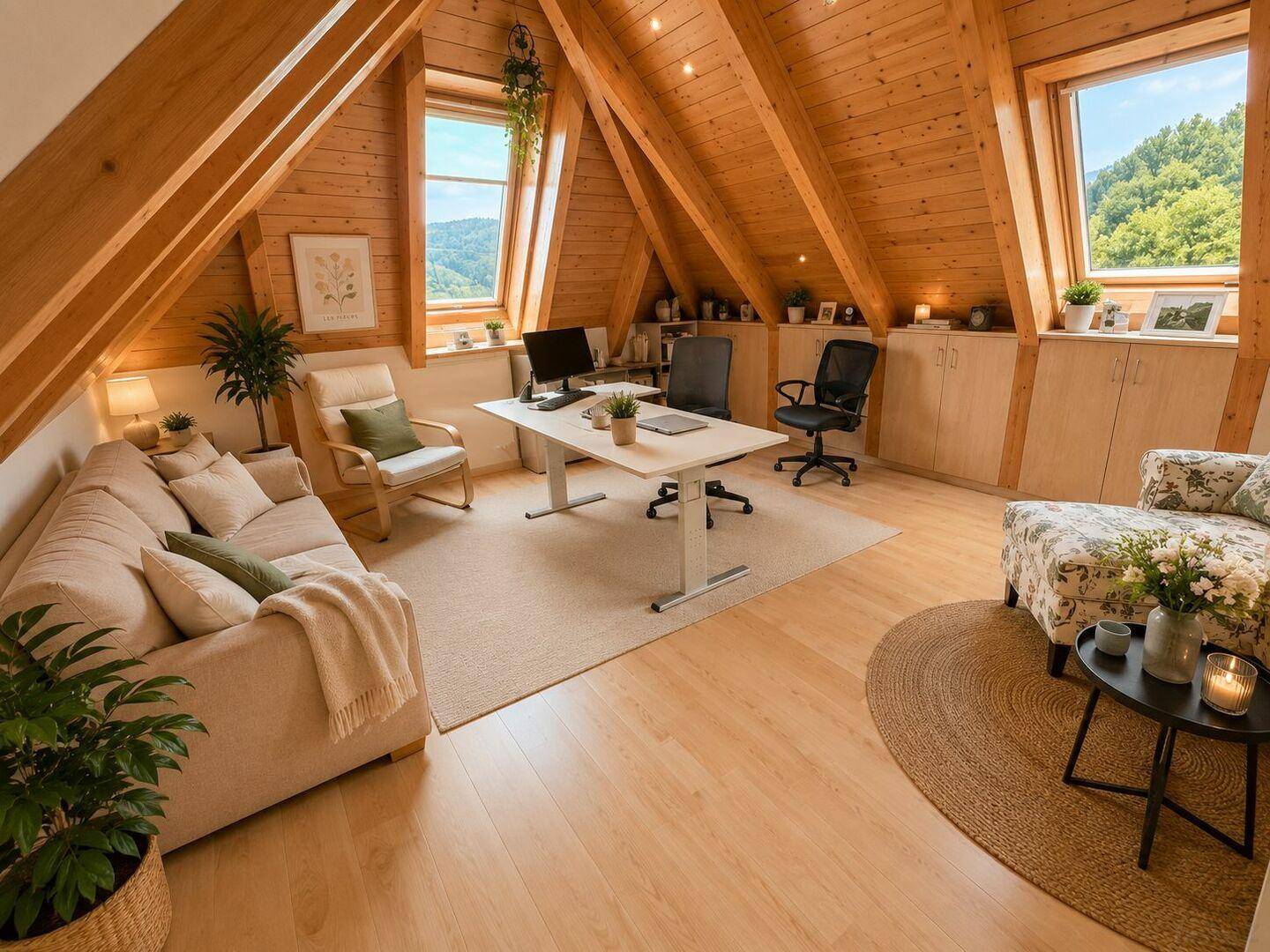 Helles Dachgeschoss-Büro mit Holzbalken, Schreibtischen und gemütlicher Sitzecke.