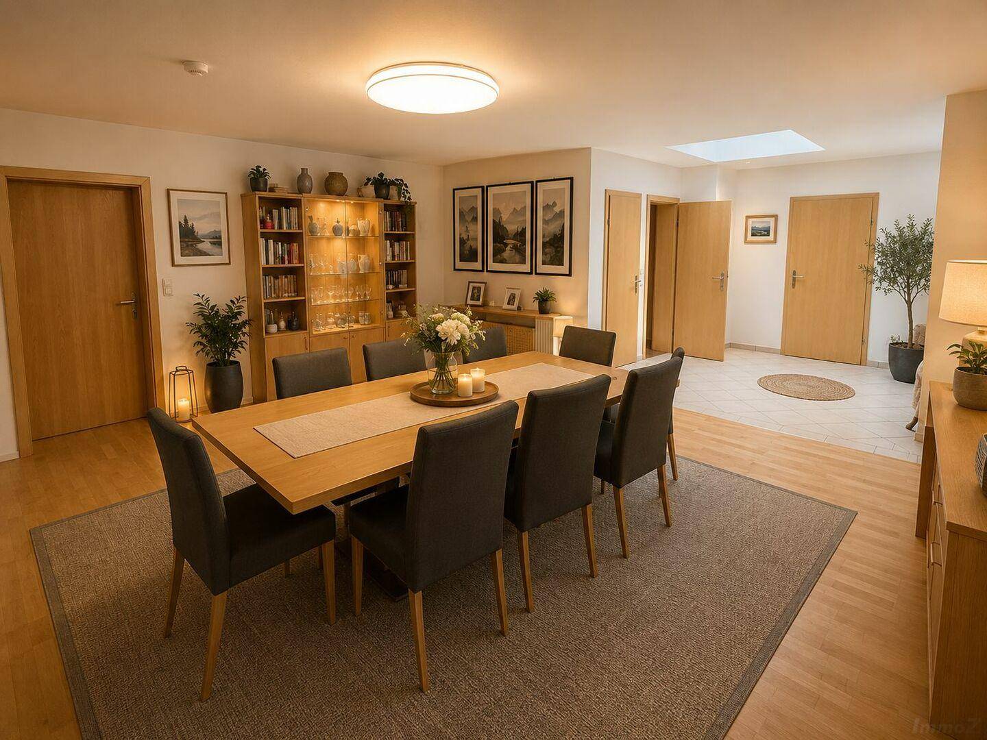 Geräumiger Essbereich mit großem Holztisch und modernen Stühlen, ideal für Familienessen.
