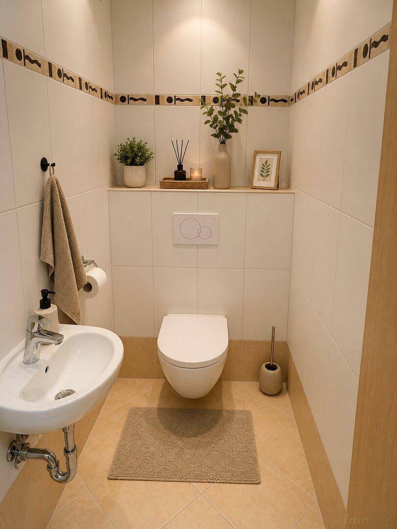 Modernes Gäste-WC mit Wand-WC und kleinem Waschbecken.