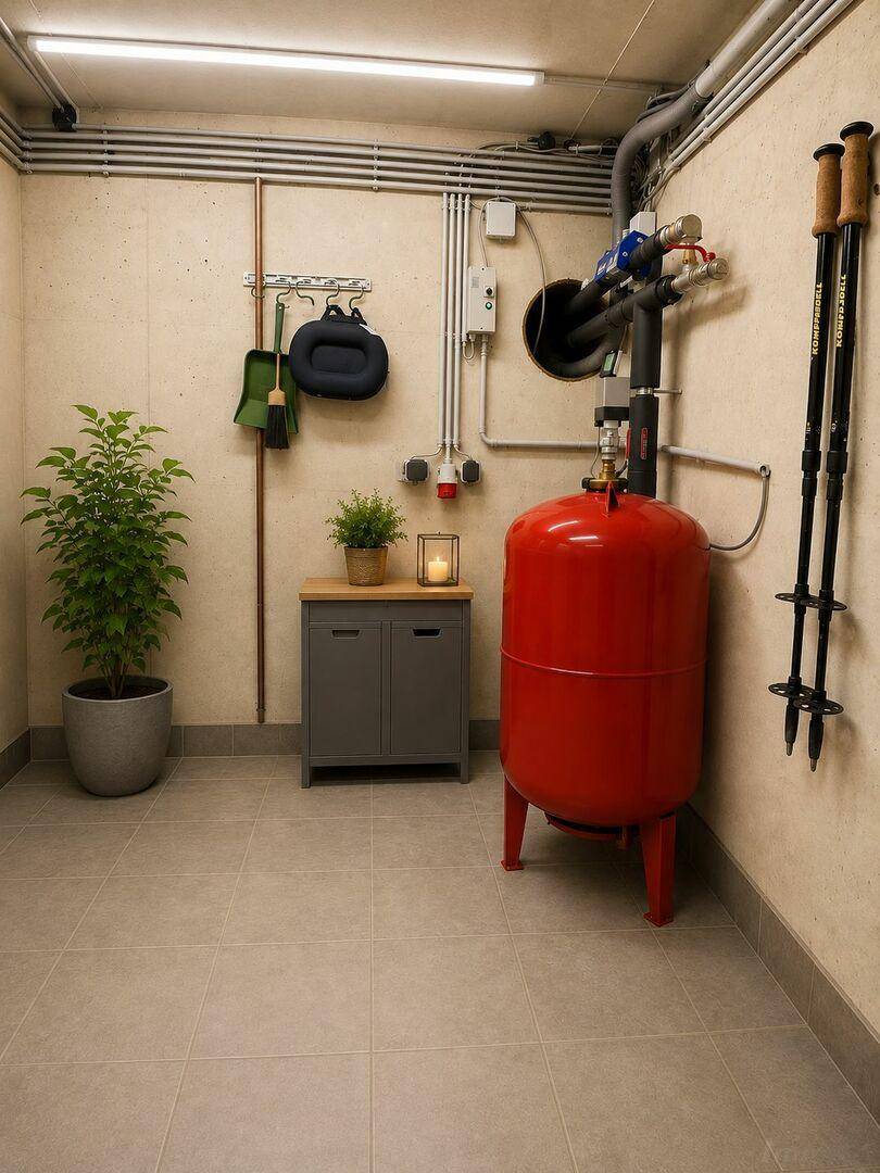 Funktionaler Hauswirtschaftsraum mit Warmwasserspeicher, Leitungen und praktischen Aufbewahrungsmöglichkeiten.