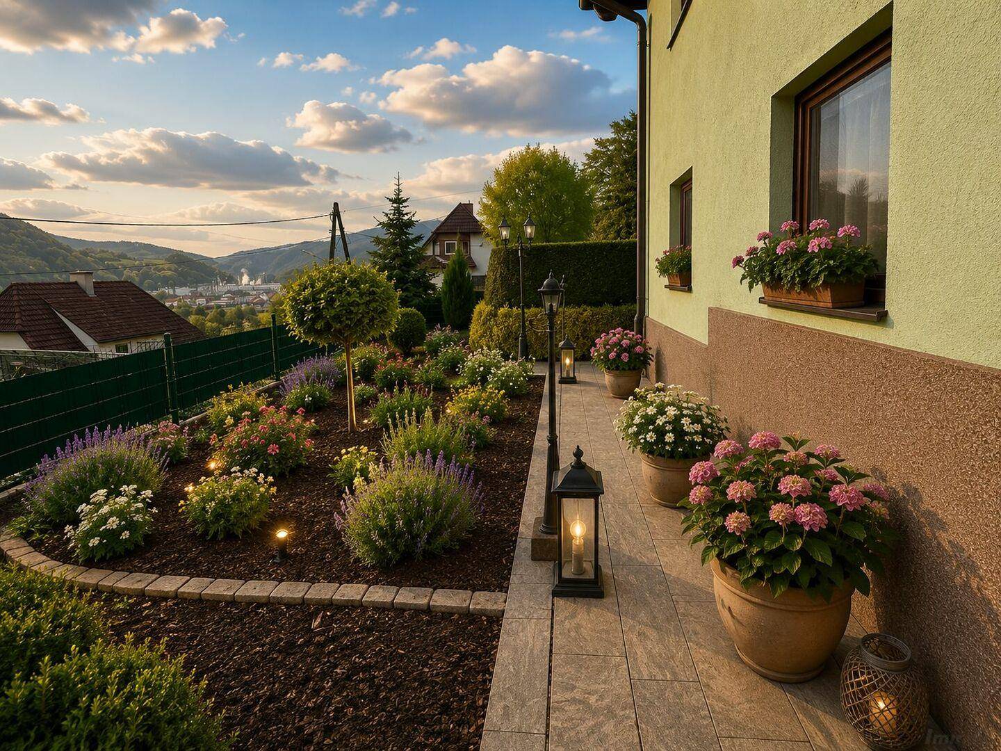 Seitlicher Gartenweg entlang des Hauses mit blühenden Pflanzen, Laternen und einem schönen Ausblick.