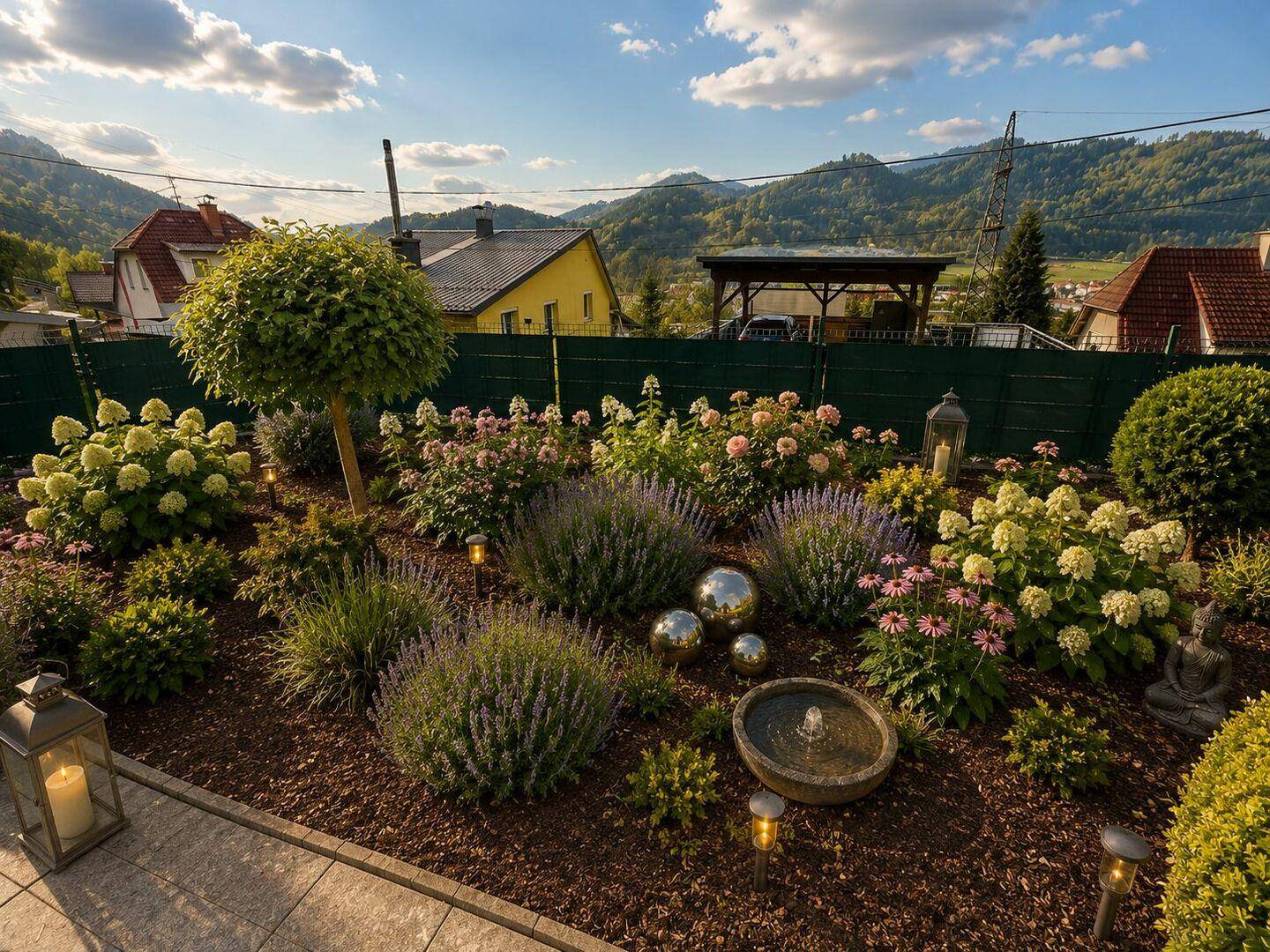 Attraktiv gestaltetes Blumenbeet mit verschiedenen Pflanzen, Dekorationen und einer kleinen Wasserfontäne.