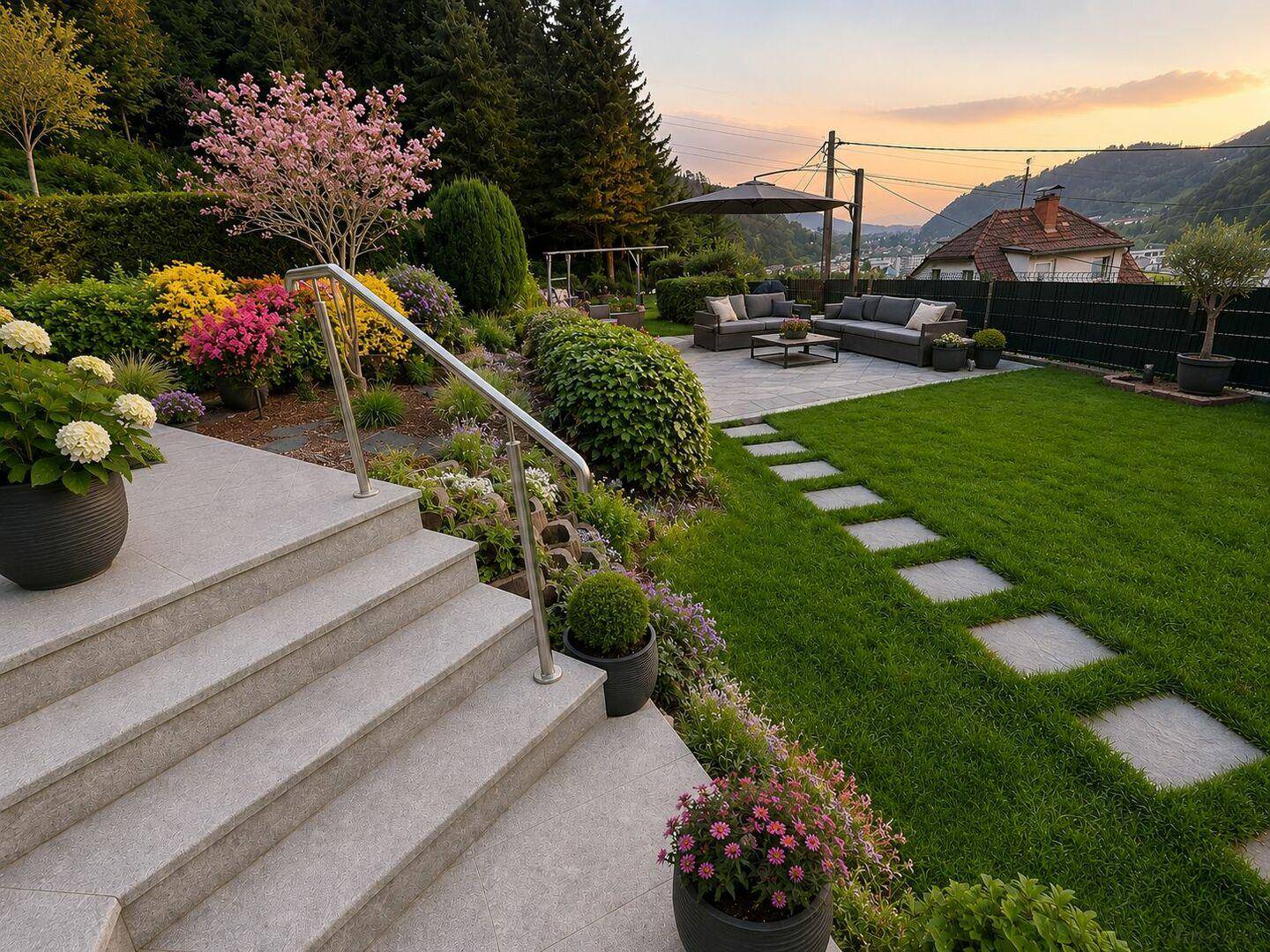 Großzügige Terrasse mit modernen Gartenmöbeln und angrenzendem Rasenbereich bei Sonnenuntergang.