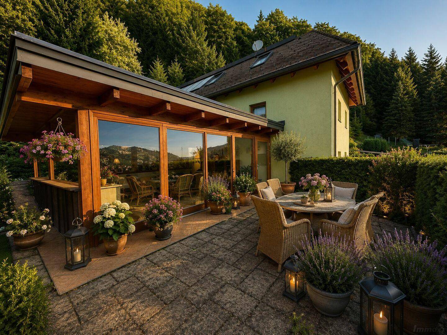 Große Terrasse mit Essbereich und angrenzendem Wintergarten, umgeben von Pflanzen und Natur.