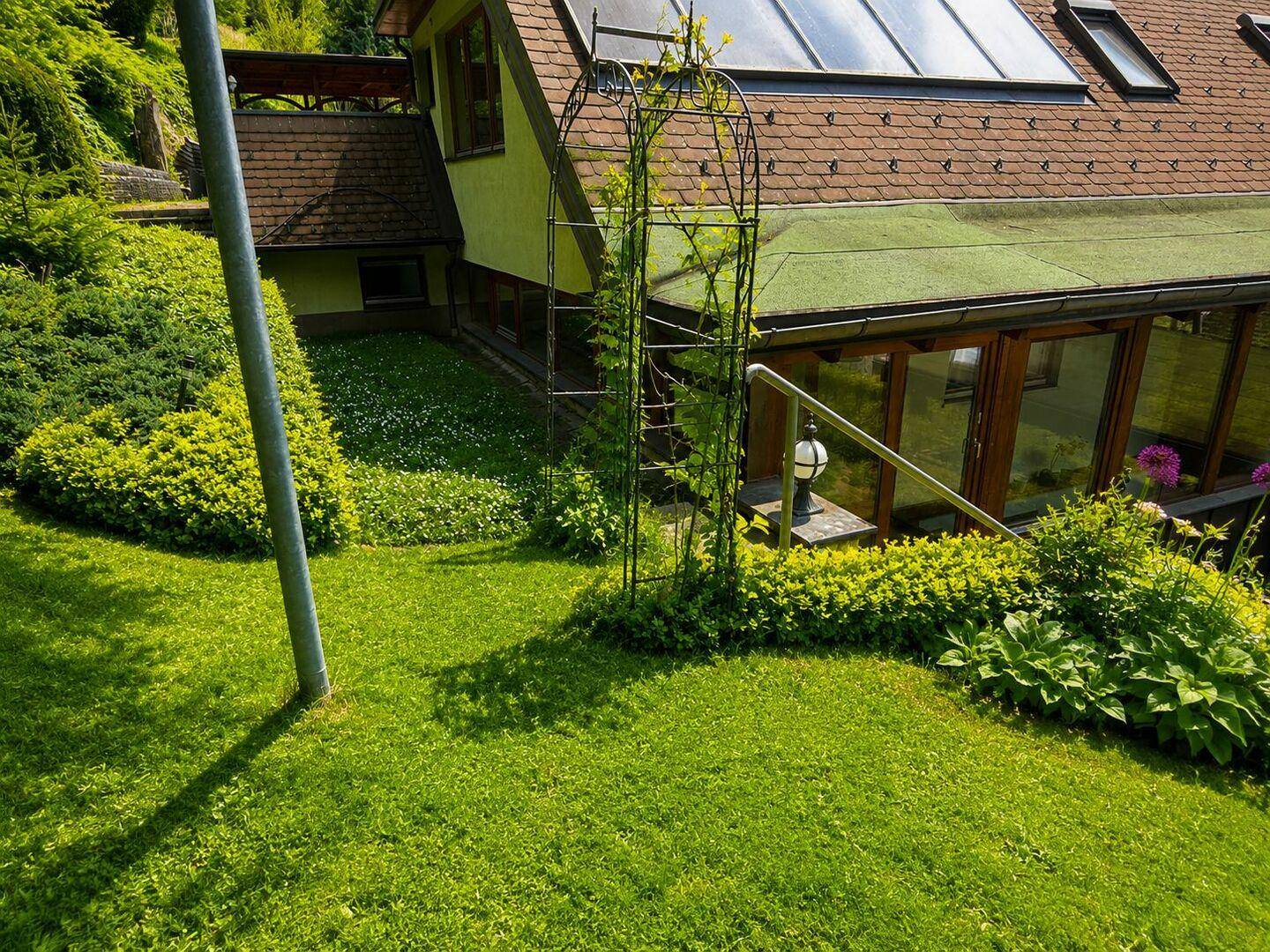 Seitlicher Gartenbereich des Hauses mit gepflegtem Rasen, Sträuchern und einem Rankgitter.