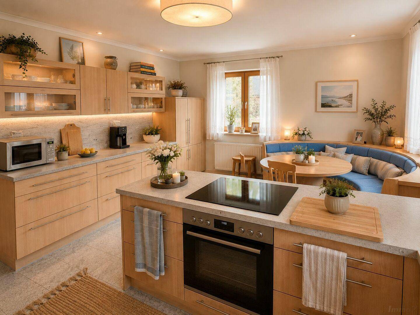 Moderne Küche mit Holzfronten, Kochinsel und integriertem Essbereich mit Sitzbank.