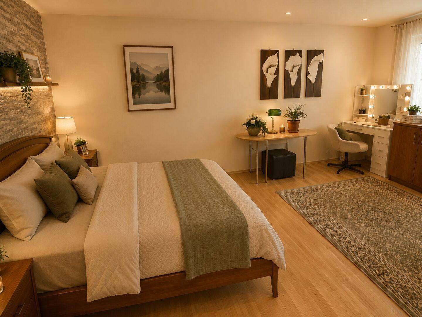 Helles Schlafzimmer mit Holzbett, Schminktisch und Blick ins Grüne.
