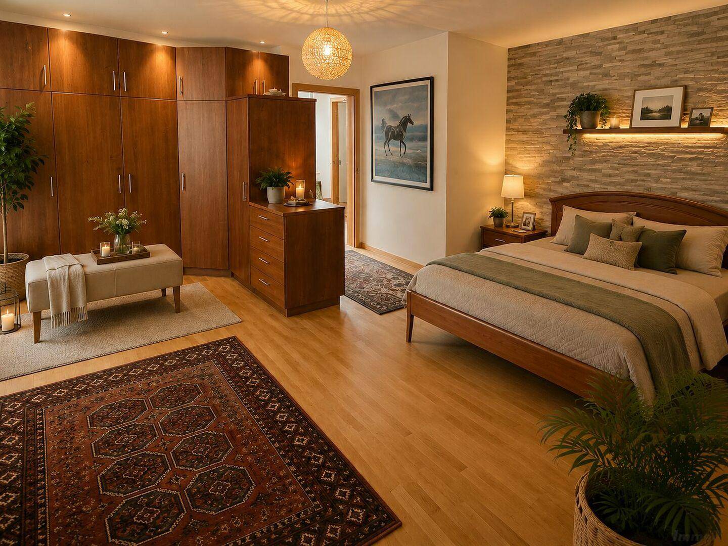 Gemütliches Schlafzimmer mit Holzbett, Einbauschränken und dekorativer Steinwand.