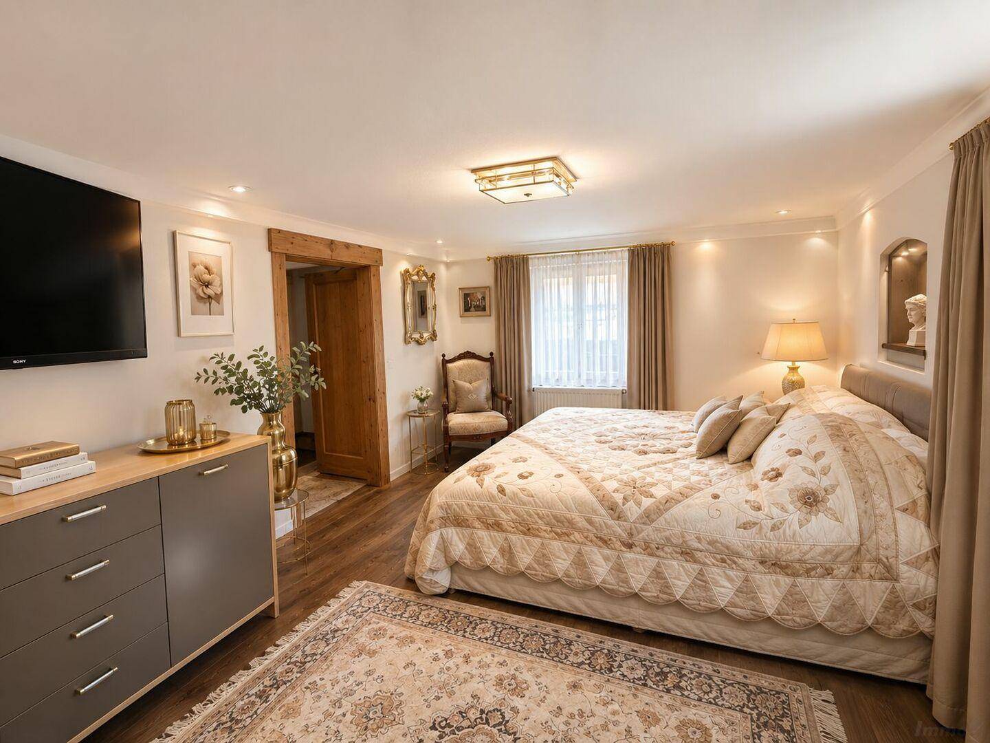 Helles Schlafzimmer mit großem Bett, Holzfußboden und moderner Kommode.