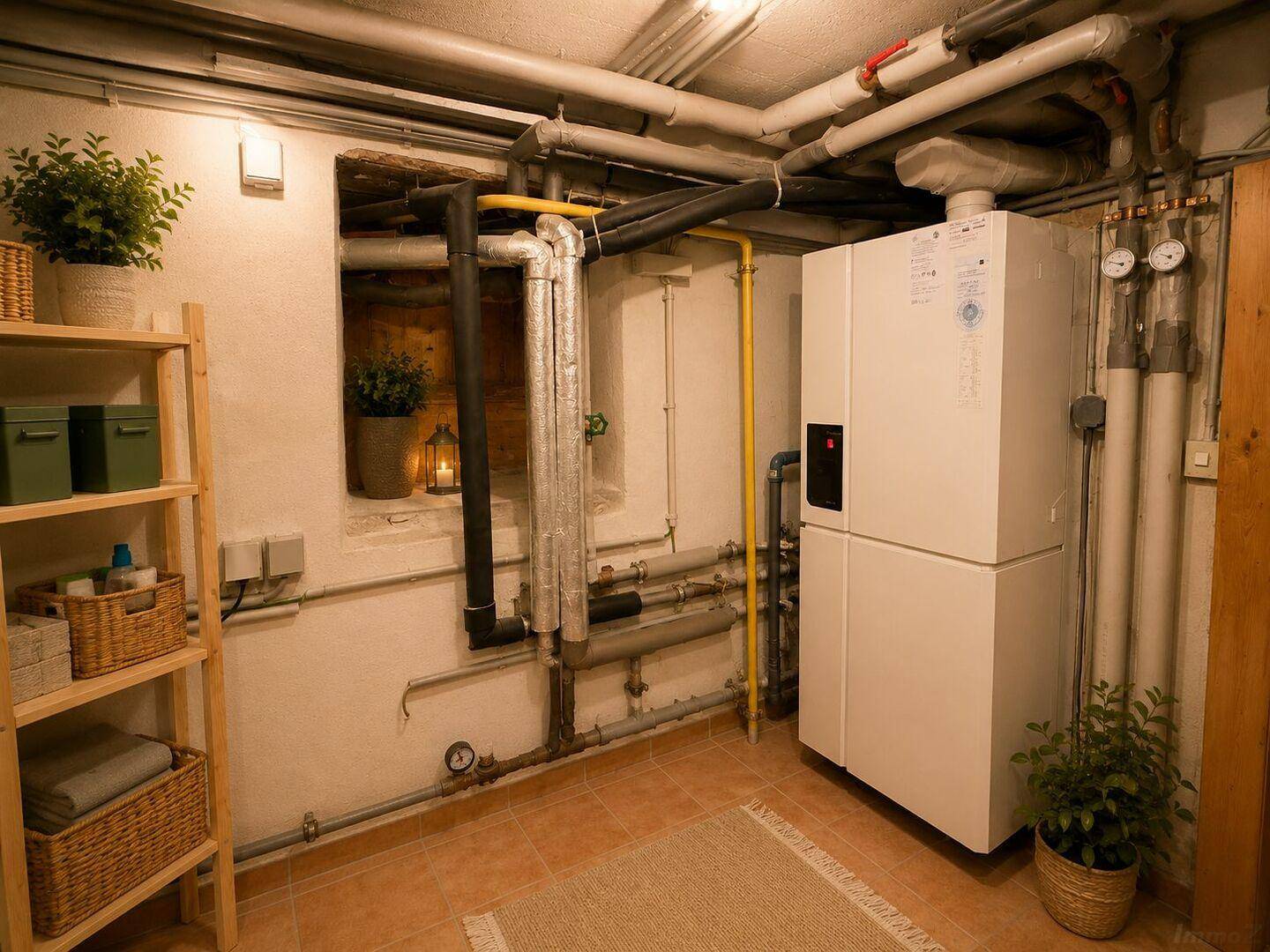 Technikraum im Keller mit Heizungsanlage, Rohren und kleinem Fenster.