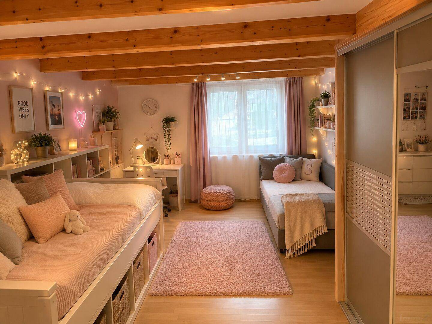 Gemütliches Kinderzimmer mit zwei Betten, Schrank und rosa Dekoration.
