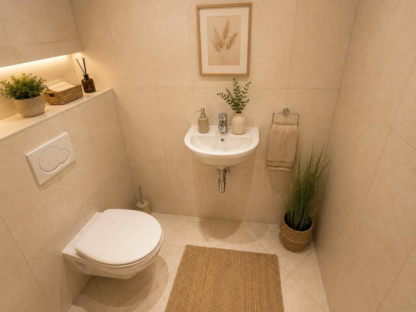 Modernes Gäste-WC mit Wand-WC, kleinem Waschbecken und hellen Fliesen.