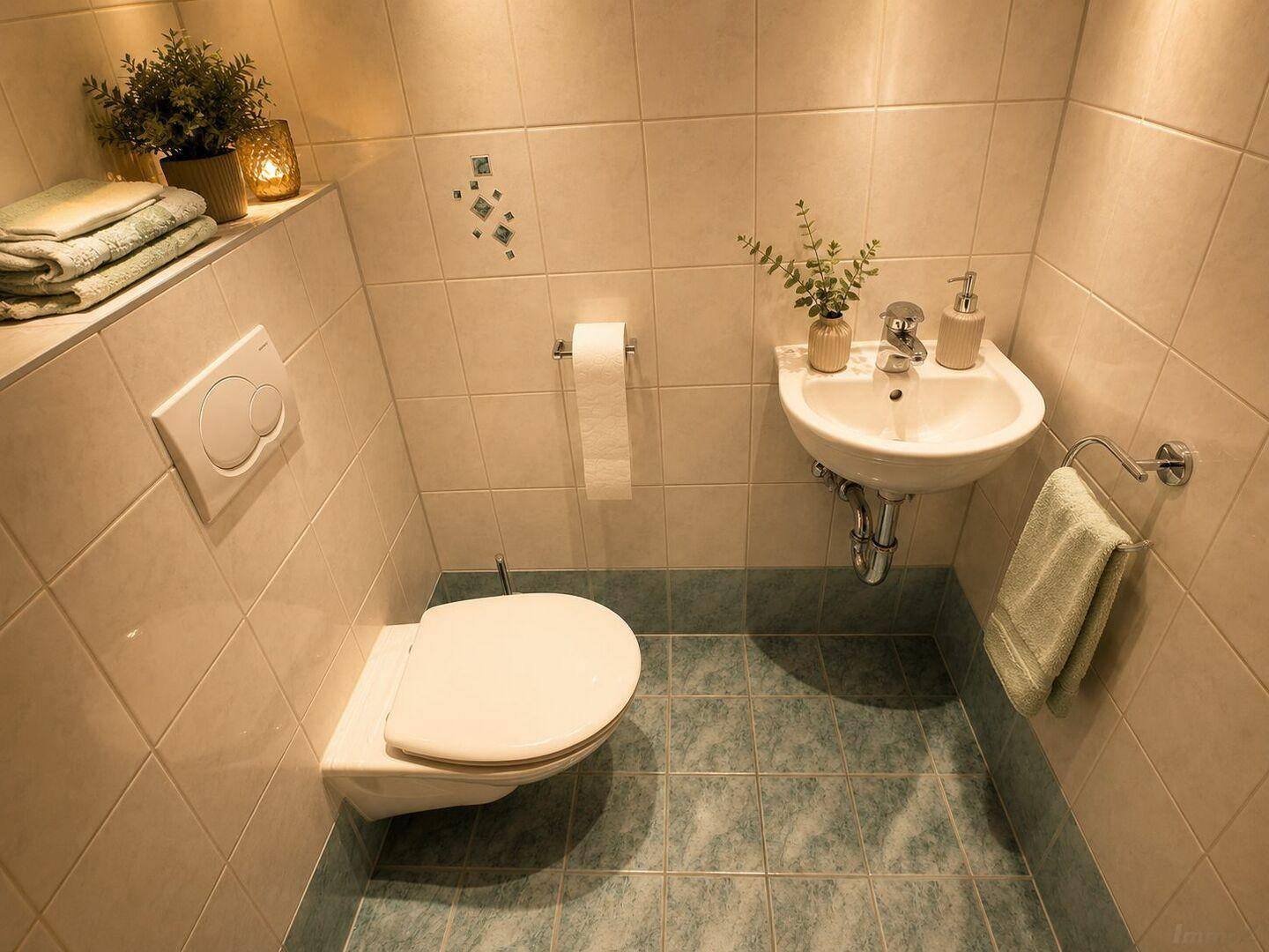Kleines Gäste-WC mit Wand-WC, Waschbecken und hellblauen Bodenfliesen.