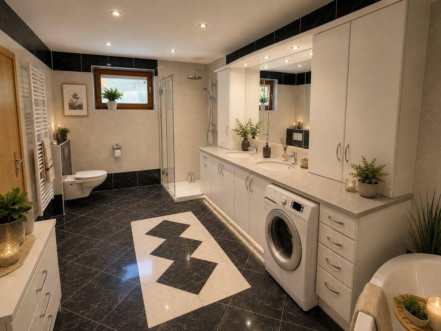 Modernes Badezimmer mit Doppelwaschbecken, Dusche und Waschmaschine.