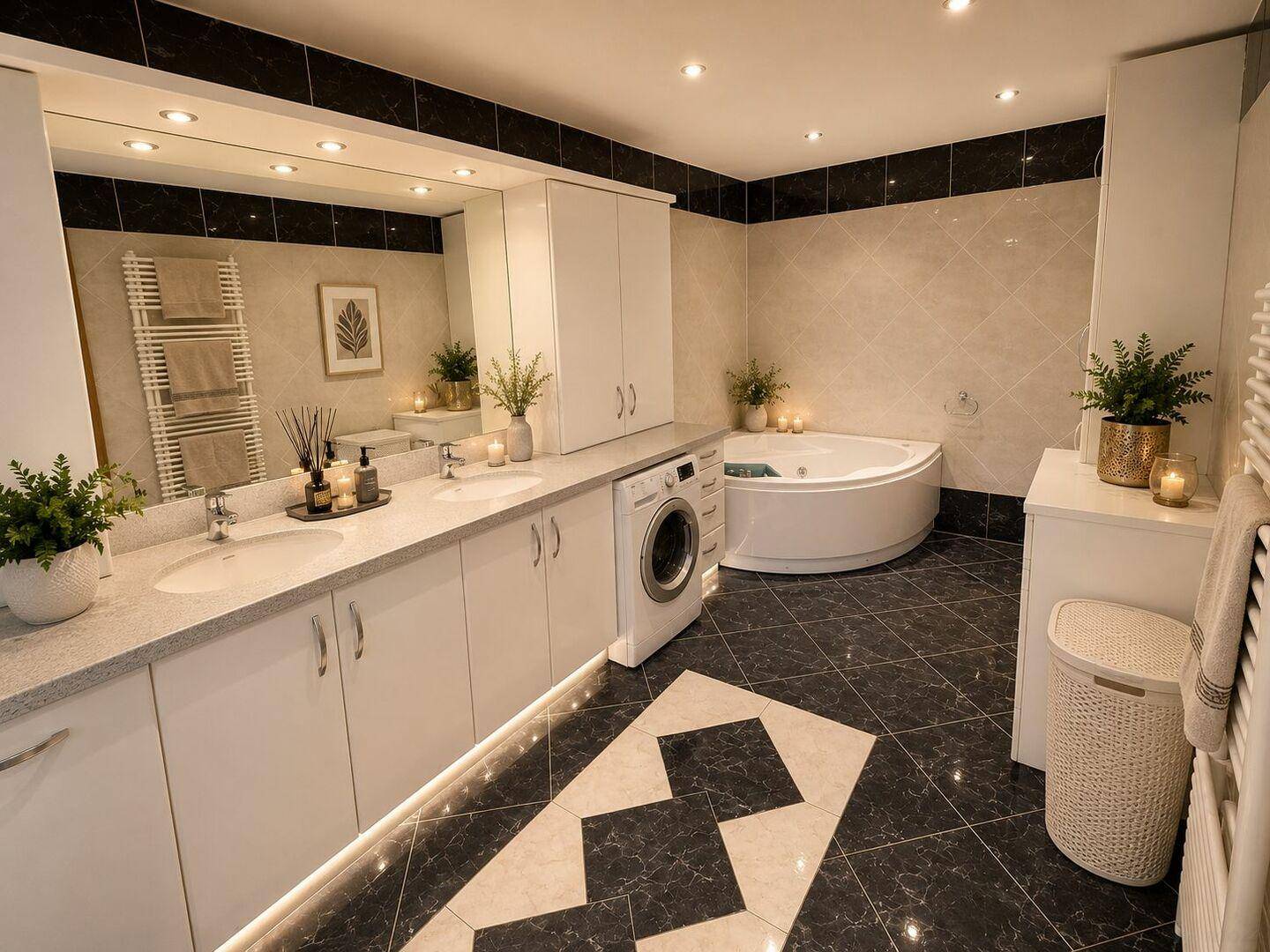 Geräumiges Badezimmer mit Whirlpool, Doppelwaschbecken und Waschmaschine.