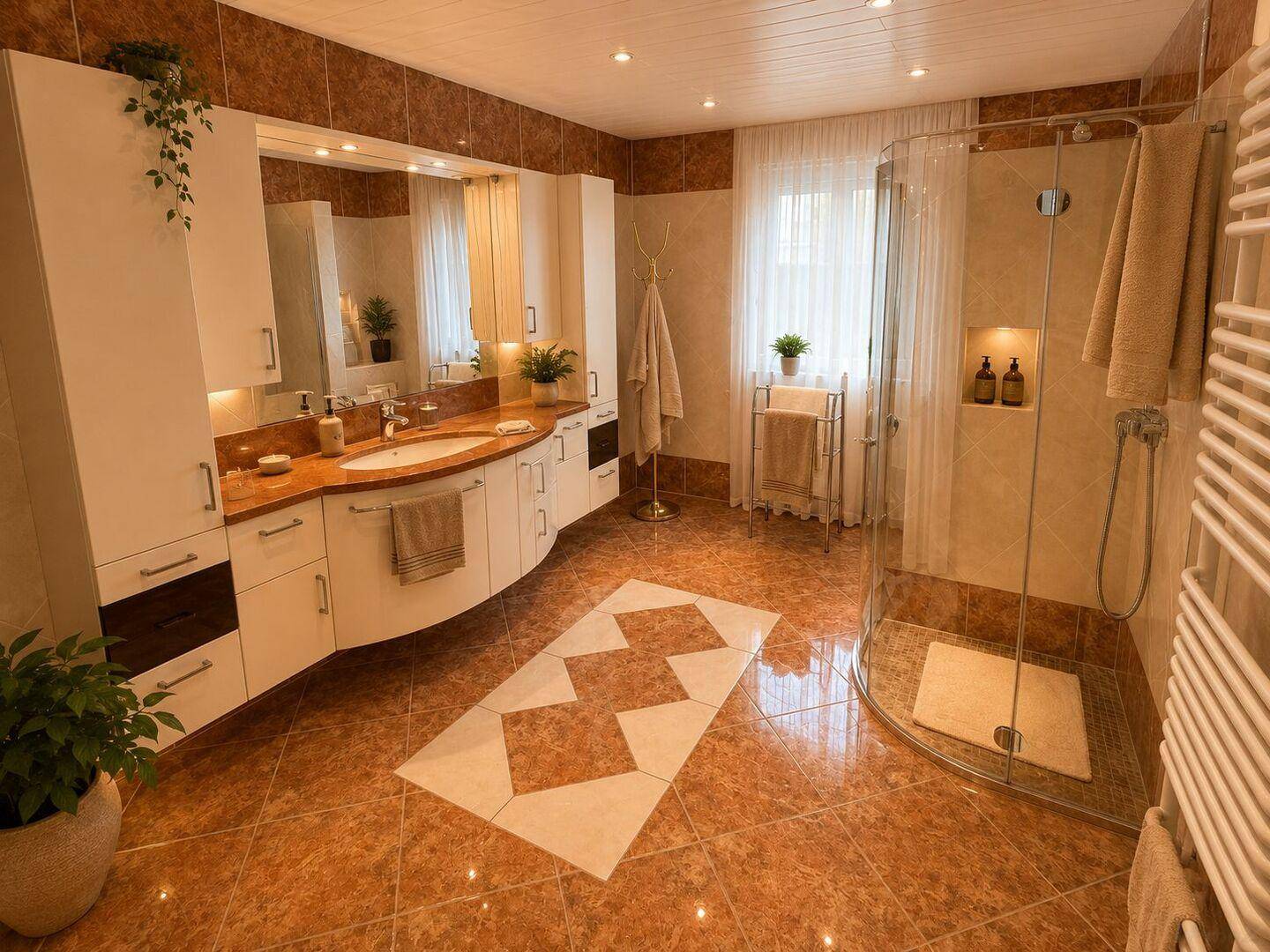Großes Badezimmer mit Doppelwaschbecken, begehbarer Dusche und Fenster.