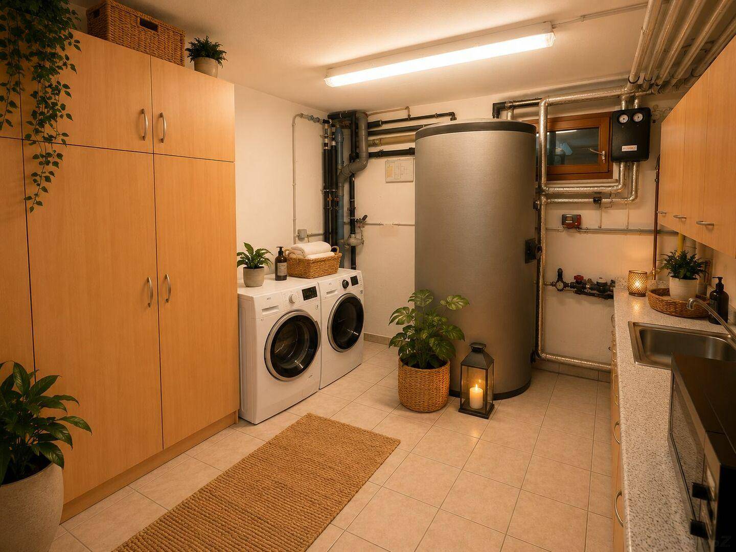 Geräumiger Waschraum mit Waschmaschinen, Trockner und Warmwasserspeicher.