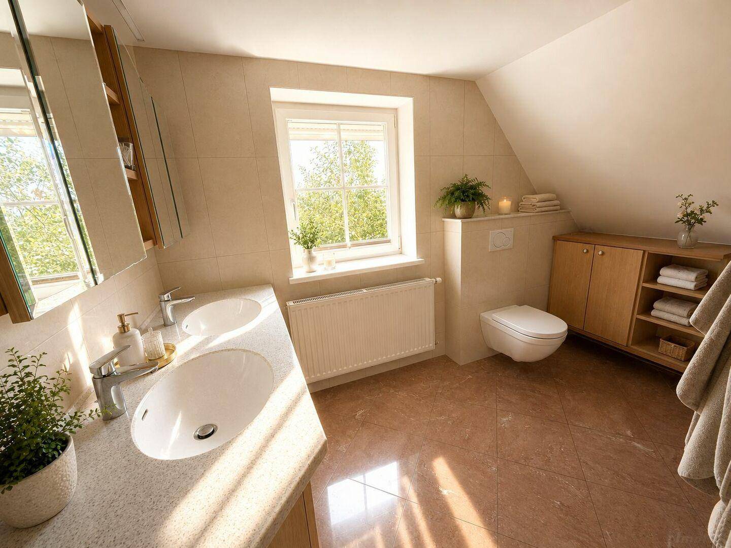 Helles Badezimmer mit Doppelwaschbecken, WC und Fenster mit Blick ins Grüne.