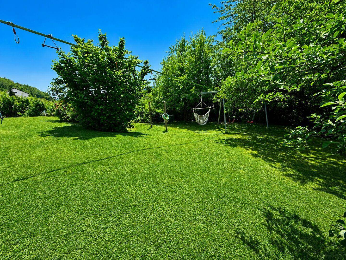 Weitläufige Rasenfläche im Garten mit Hängematte und schattenspendenden Bäumen.