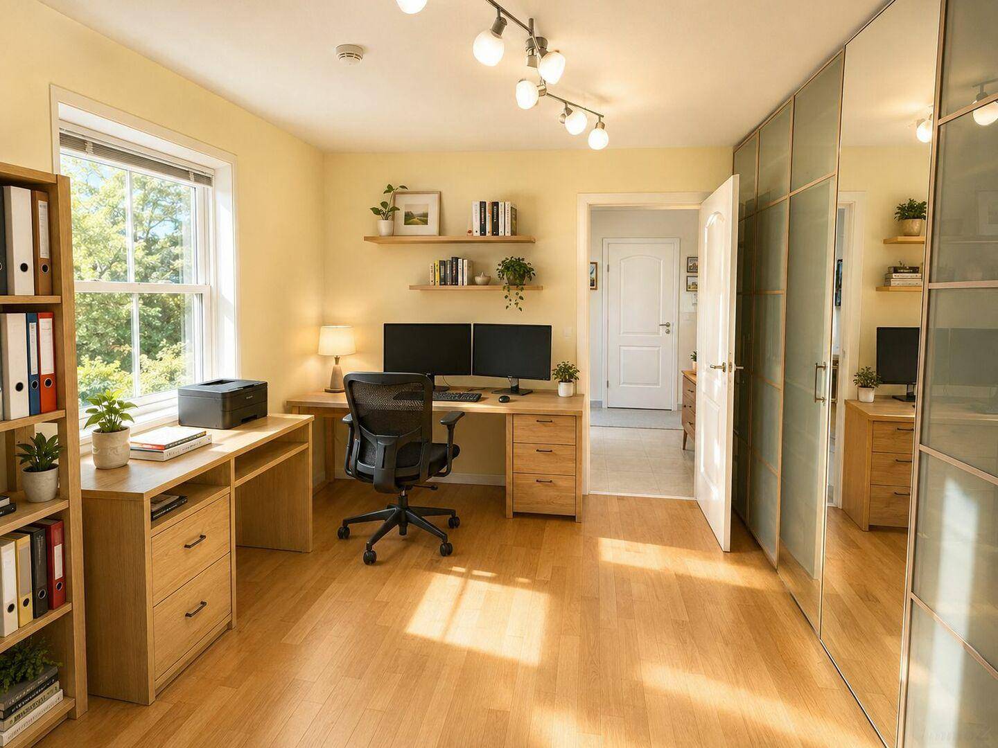 Modernes Arbeitszimmer mit Doppelmonitor-Setup, Holzboden und integrierten Schränken.