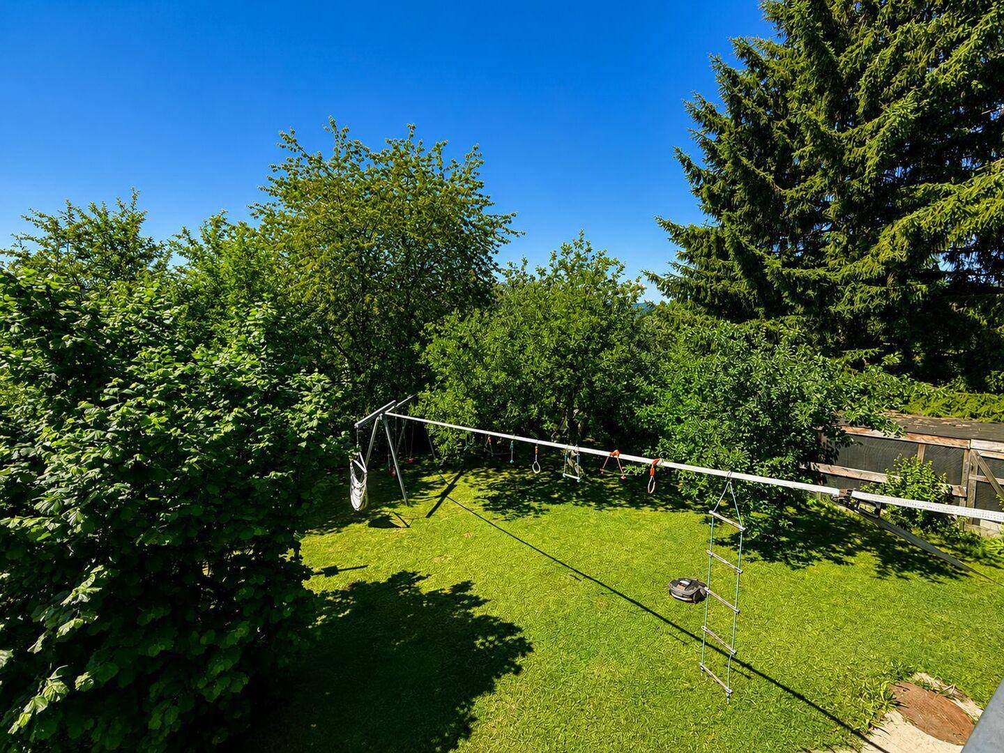 Überblick über den grünen Garten mit Spielgeräten und hohen Bäumen.
