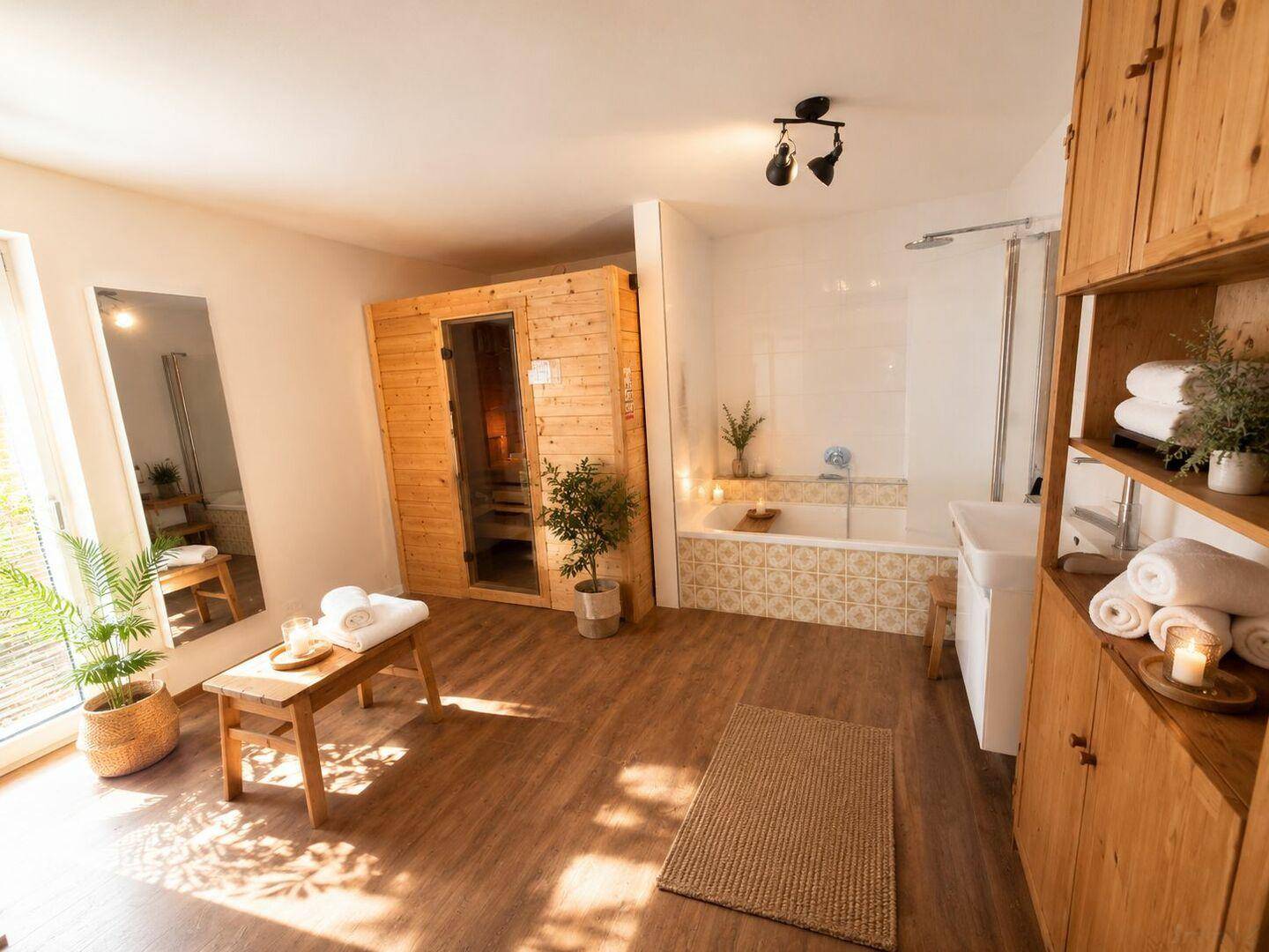 Geräumiges Badezimmer mit Sauna, Badewanne und Dusche für entspannende Wellnessmomente.