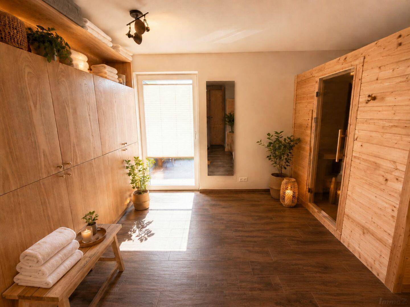 Moderner Wellnessbereich mit Sauna, Holzschränken und Zugang zum Außenbereich.
