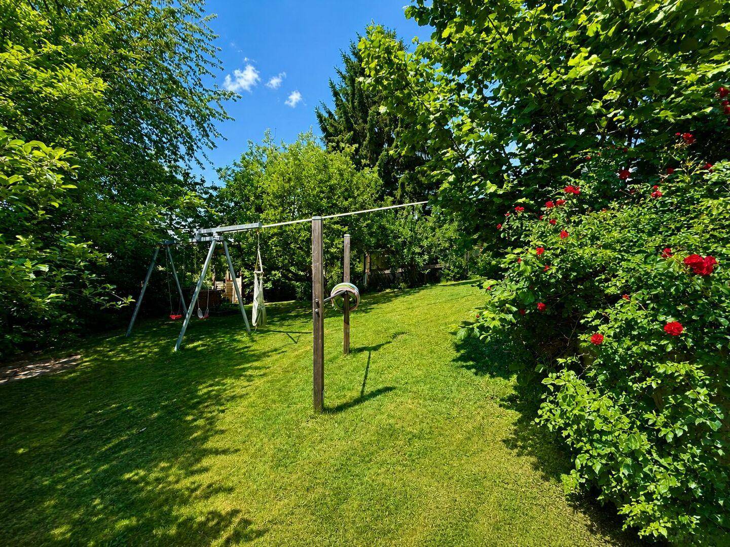 Sonnige Gartenfläche mit Schaukeln und blühenden Rosensträuchern.