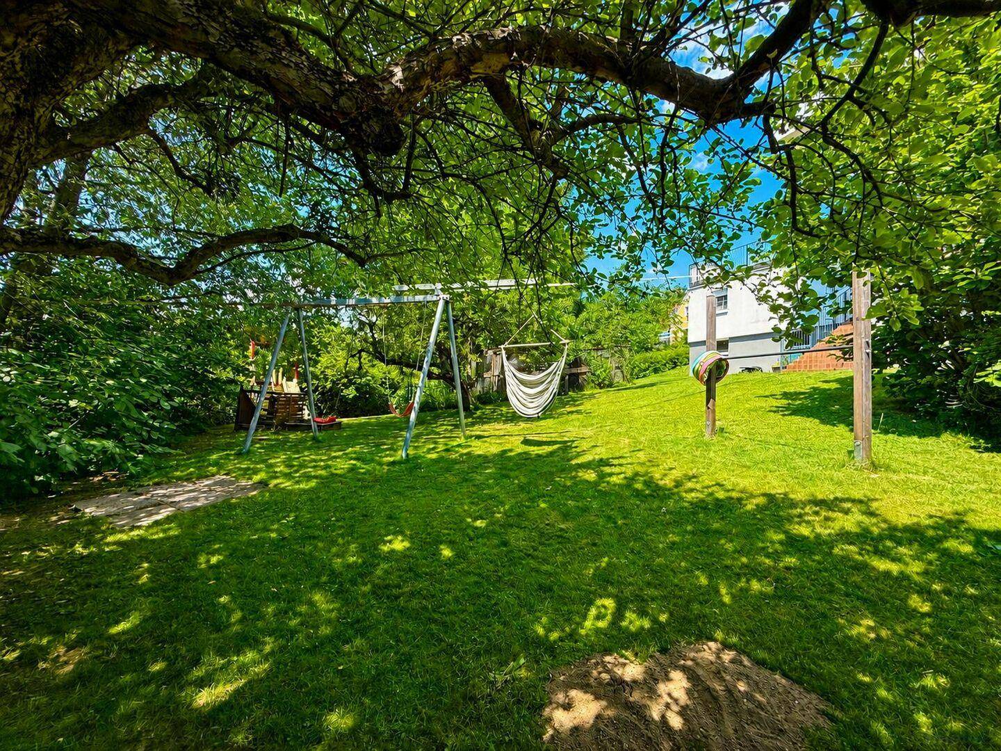 Schattiger Gartenbereich mit Schaukeln und Hängematte unter einem großen Baum.