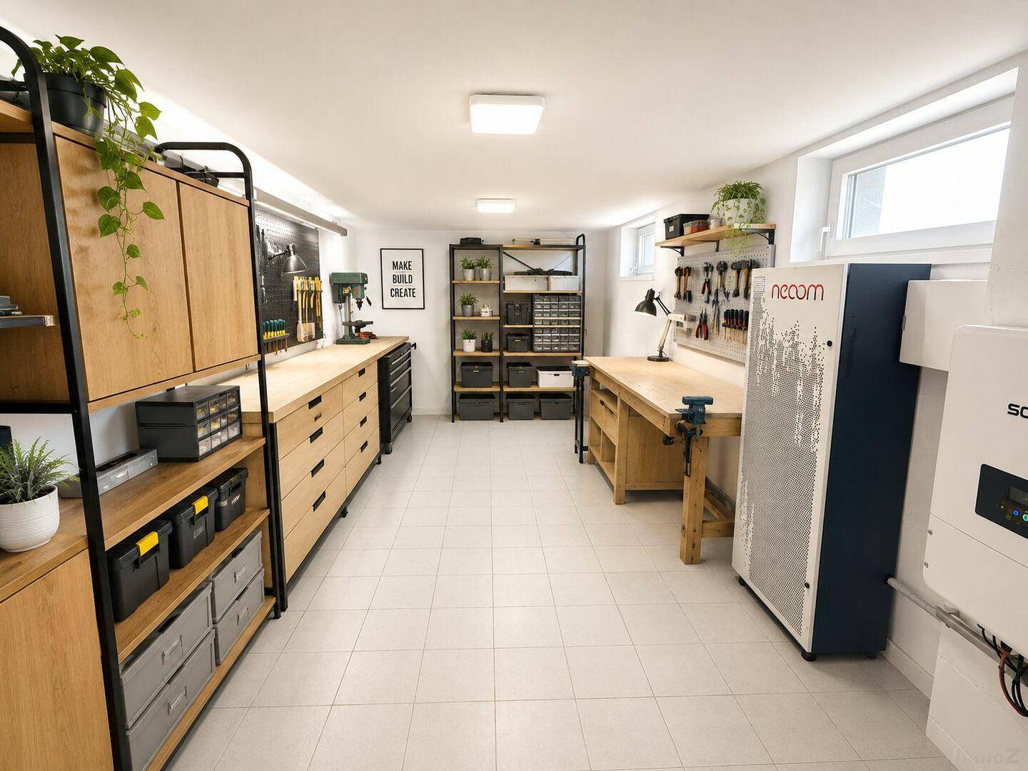 Geräumiger Hobbyraum im Keller mit Werkbänken und viel Stauraum für Projekte.