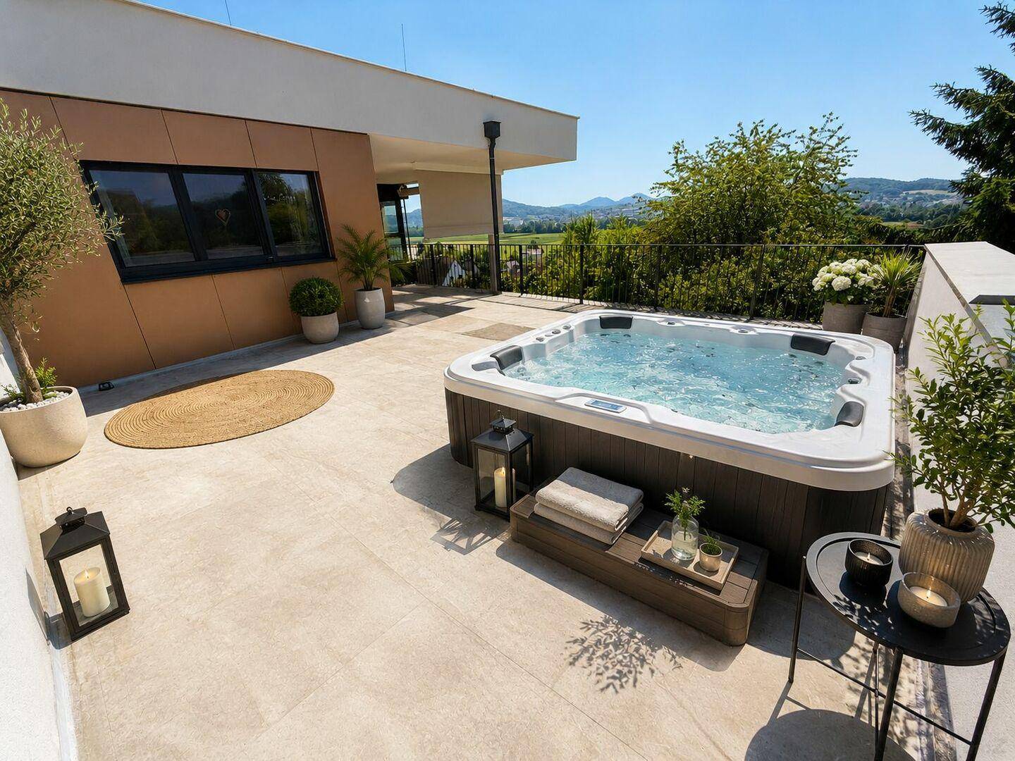 Große Sonnenterrasse mit Whirlpool und Blick auf die umliegende Hügellandschaft.